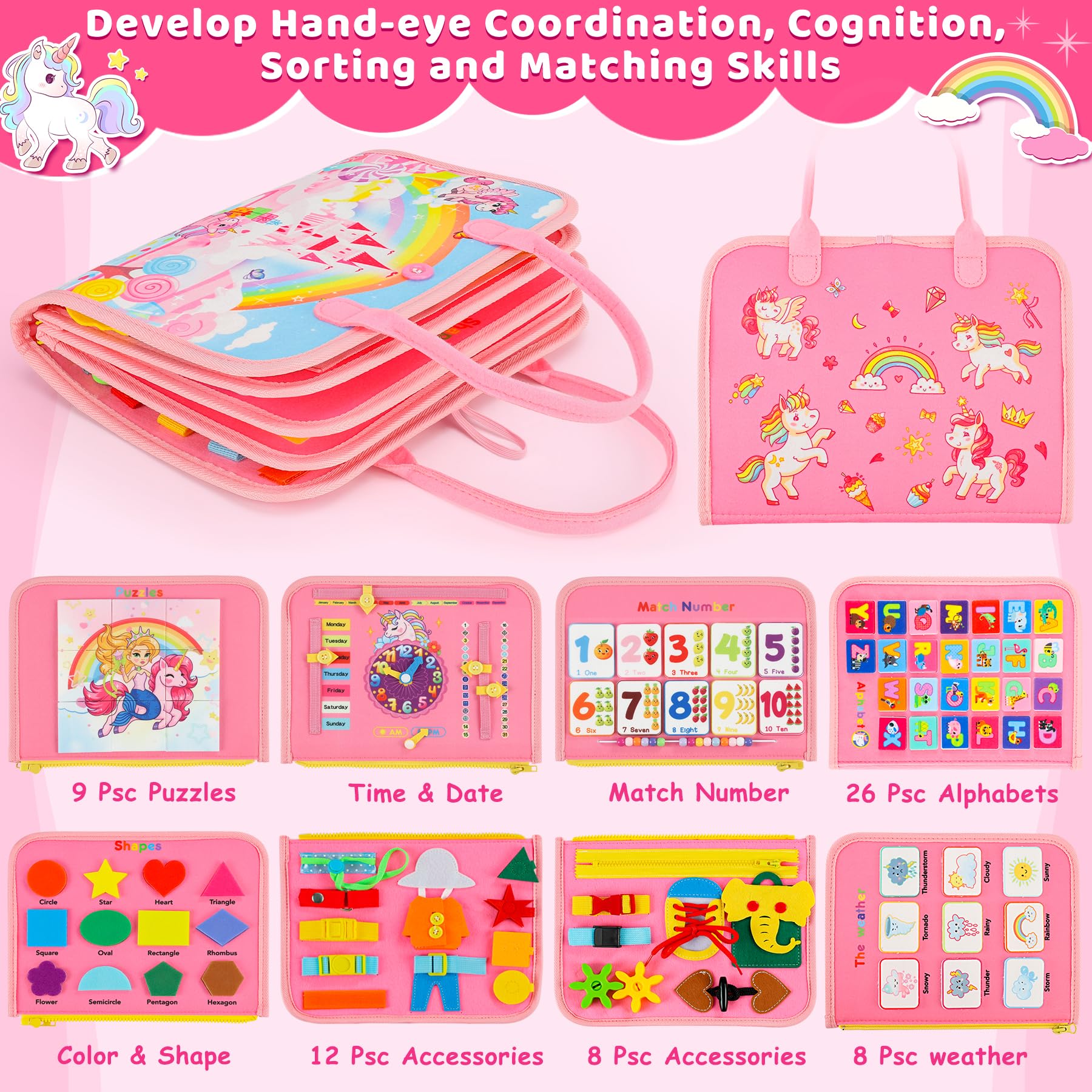 Gontence Busy Board per Bambini | Giochi Montessori per 2 3 4 5 Anni Tavola Sensoriali per Giocattoli attività Giocattolo Educativo per Apprendere Le Abilità di Base della Vita Unicorno, Rosa