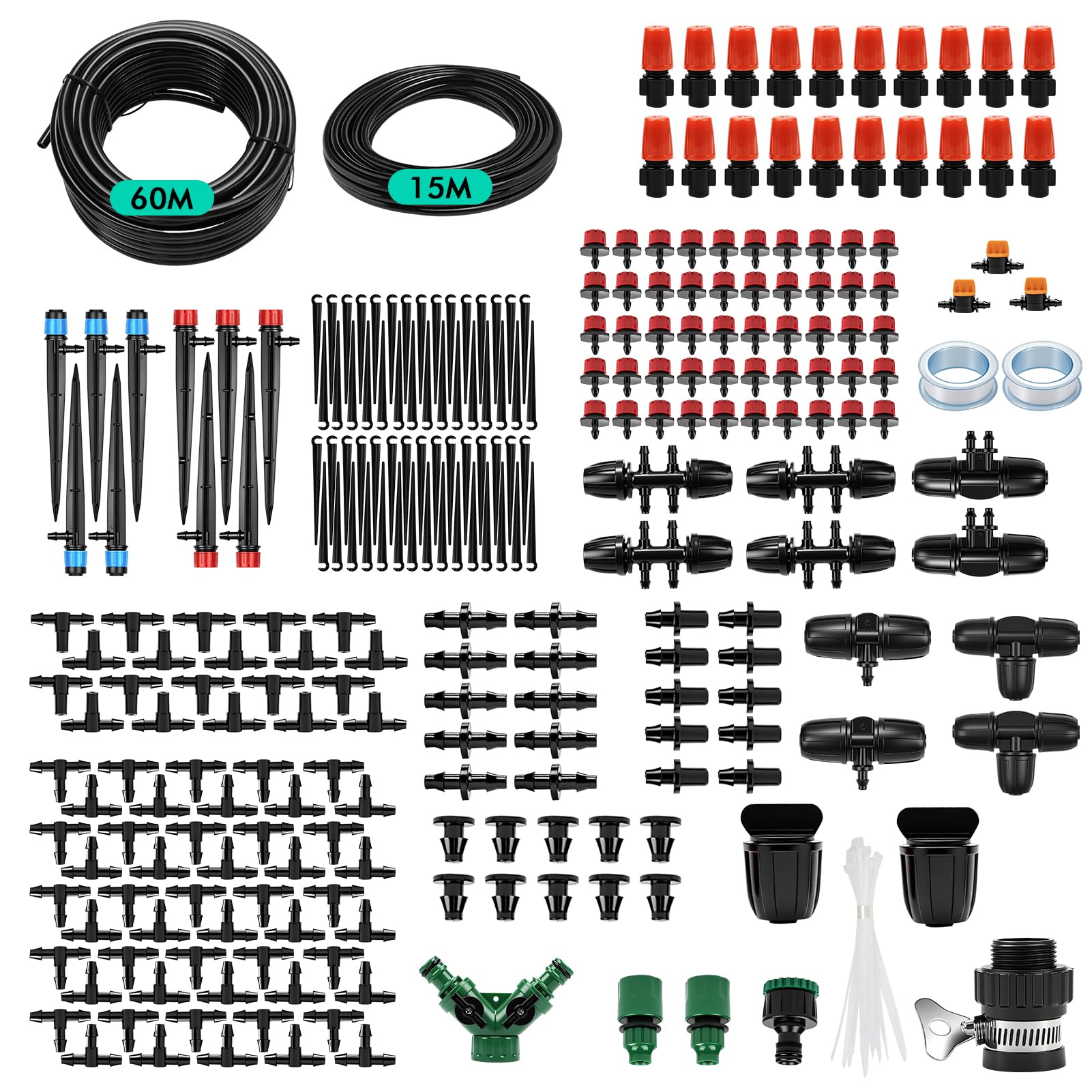 Nikou 200FT+50FT Irrigation System Kit, Automatic Watering System with 8/12mm Main Irrigation Tubing 4/7mm Distribution Tubing and Accessories, Drip Irrigation System for Greenhouse, Yard, Lawn, Plant