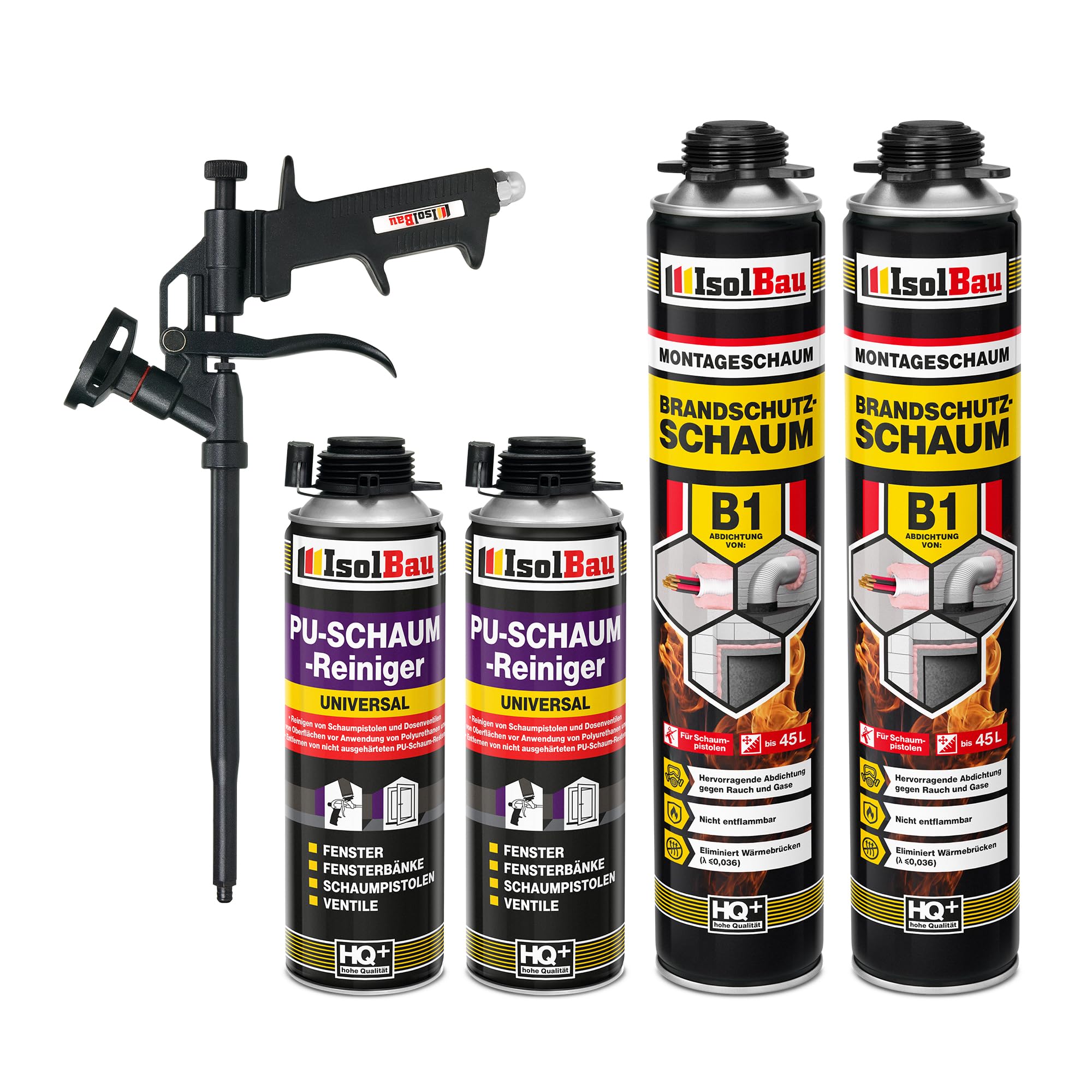 Isolbau - Bauschaum B1 - Montageschaum - PU-Schaum 2 x 750 ml - Pistolenschaum, 2 x PU-Schaum-Reiniger & 1 x Schaumpistole - 1K Brandschutzschaum - Dämmschaum - Abdichtung, Wärmedämmung