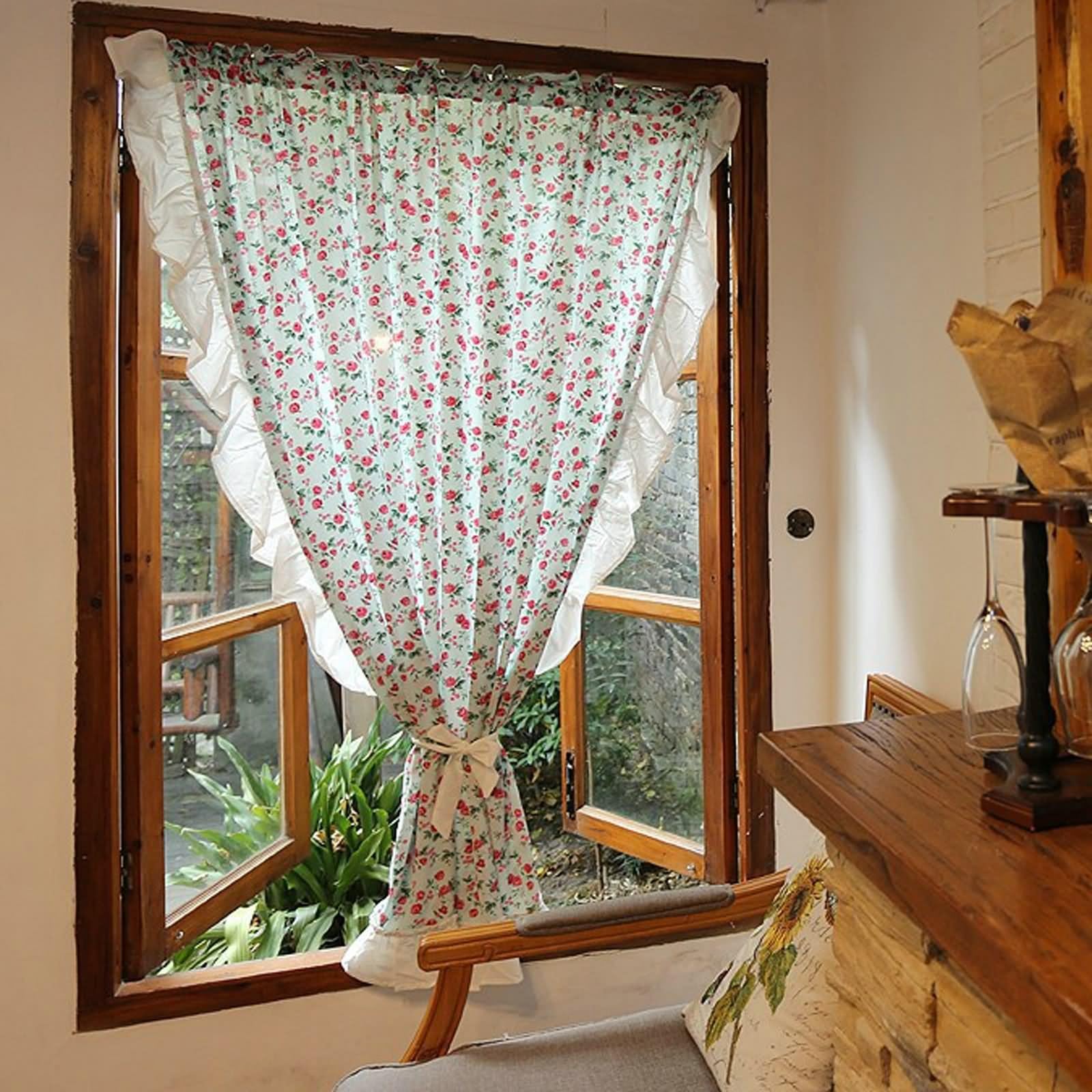 Confezione da 1 tendine moderne opache, stile rustico, blu, rosso, bianco, con motivo floreale, asta di cotone, 160 x 110 cm