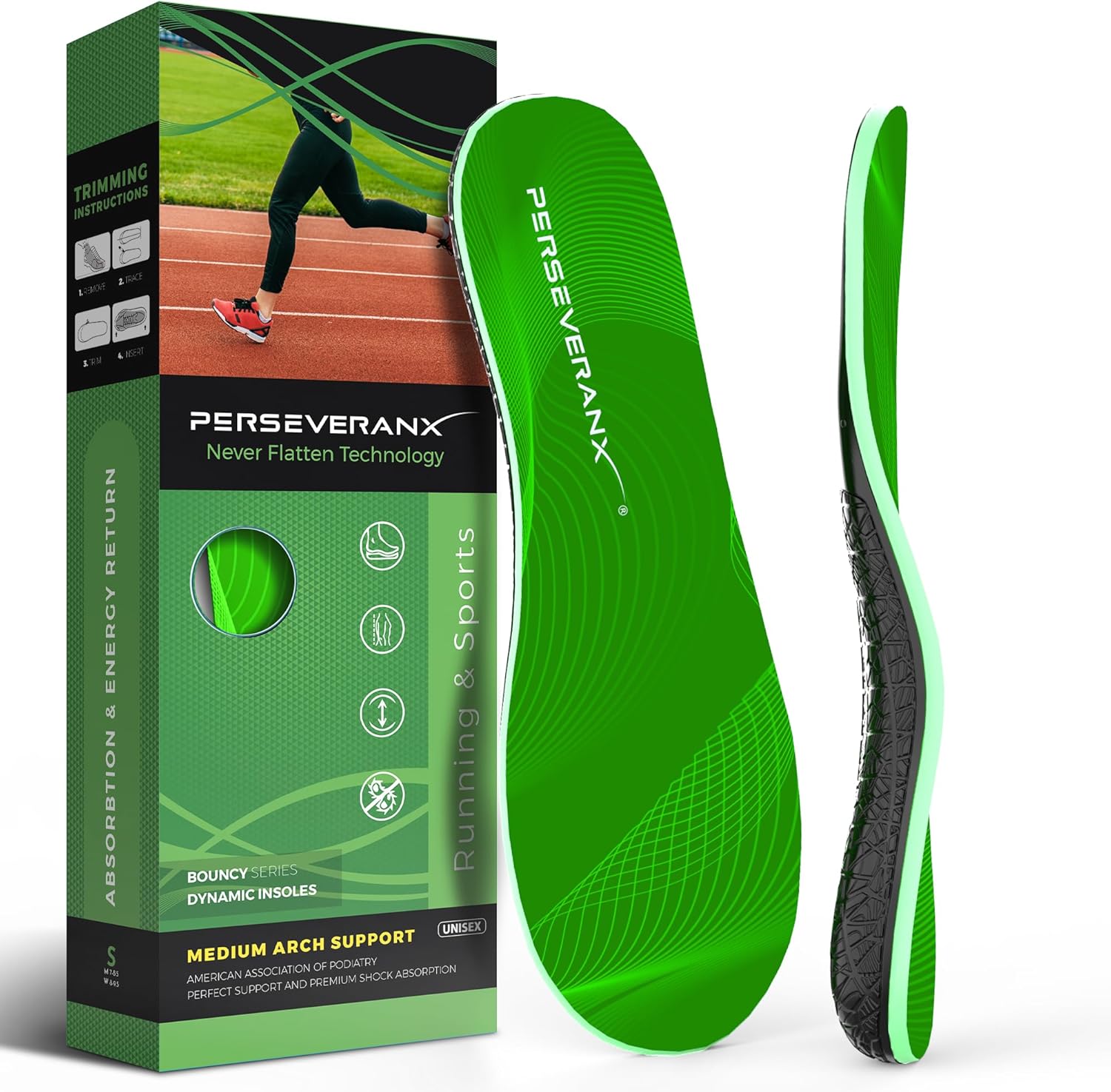 NASA Grade Running Insoles for Plantar Fasciitis for Women - Medium Arch Shoe Inserts Men with Energy Return - Sports Inserts for Men for Shock Absorption, Shoe Inserts for Women Designed for Athletes Medium Arch - Green L (Men 11-12.5/Women 12-13.5)