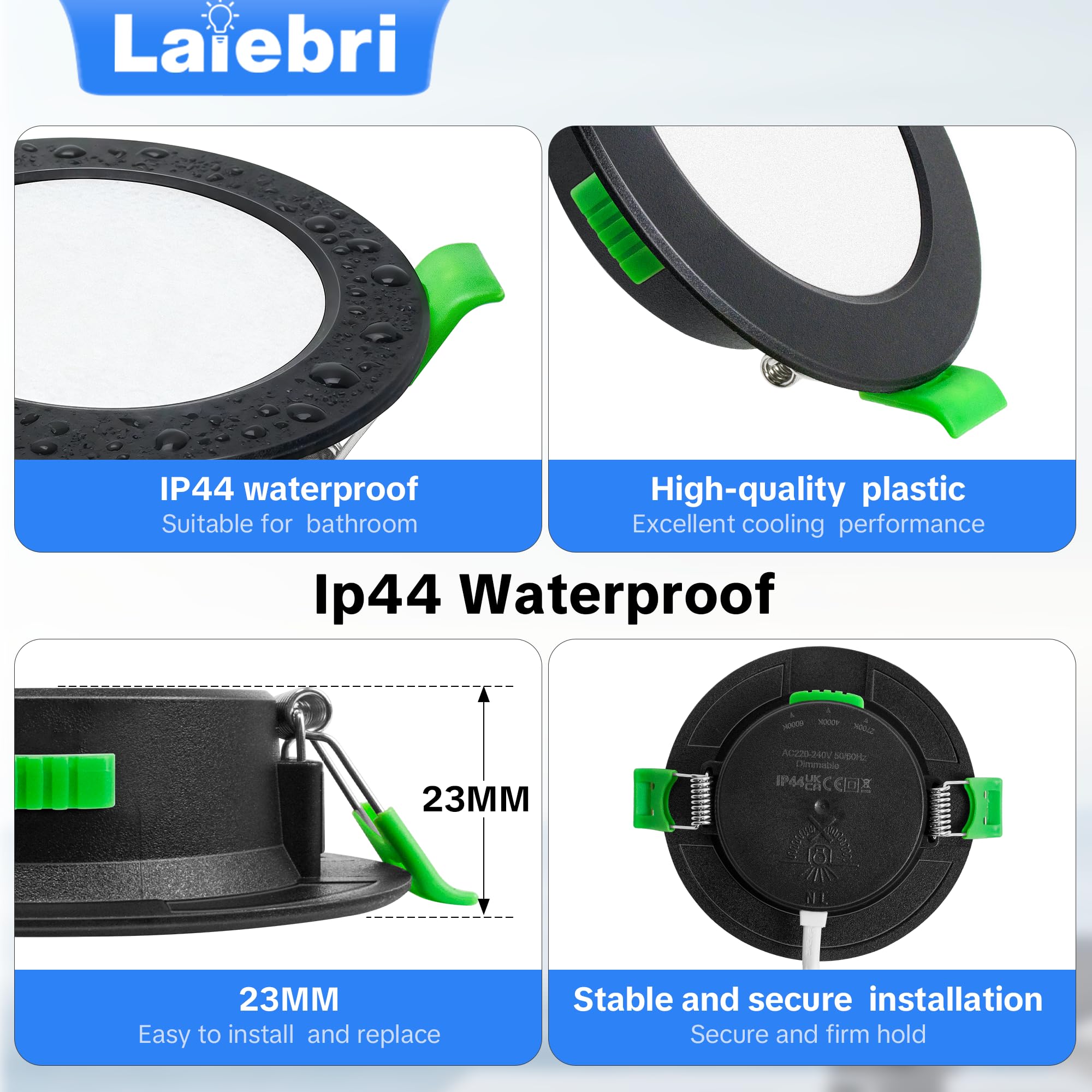 Confezione da 10 Pack da Incasso a LED 230V Nero - Faretti da Soffitto IP44 - Faretti da Incasso a Soffitto Ø68-80mm, 2700K/4000K/6500K Lampada da Soffitto Plafoniera LED per Bagno Cucina