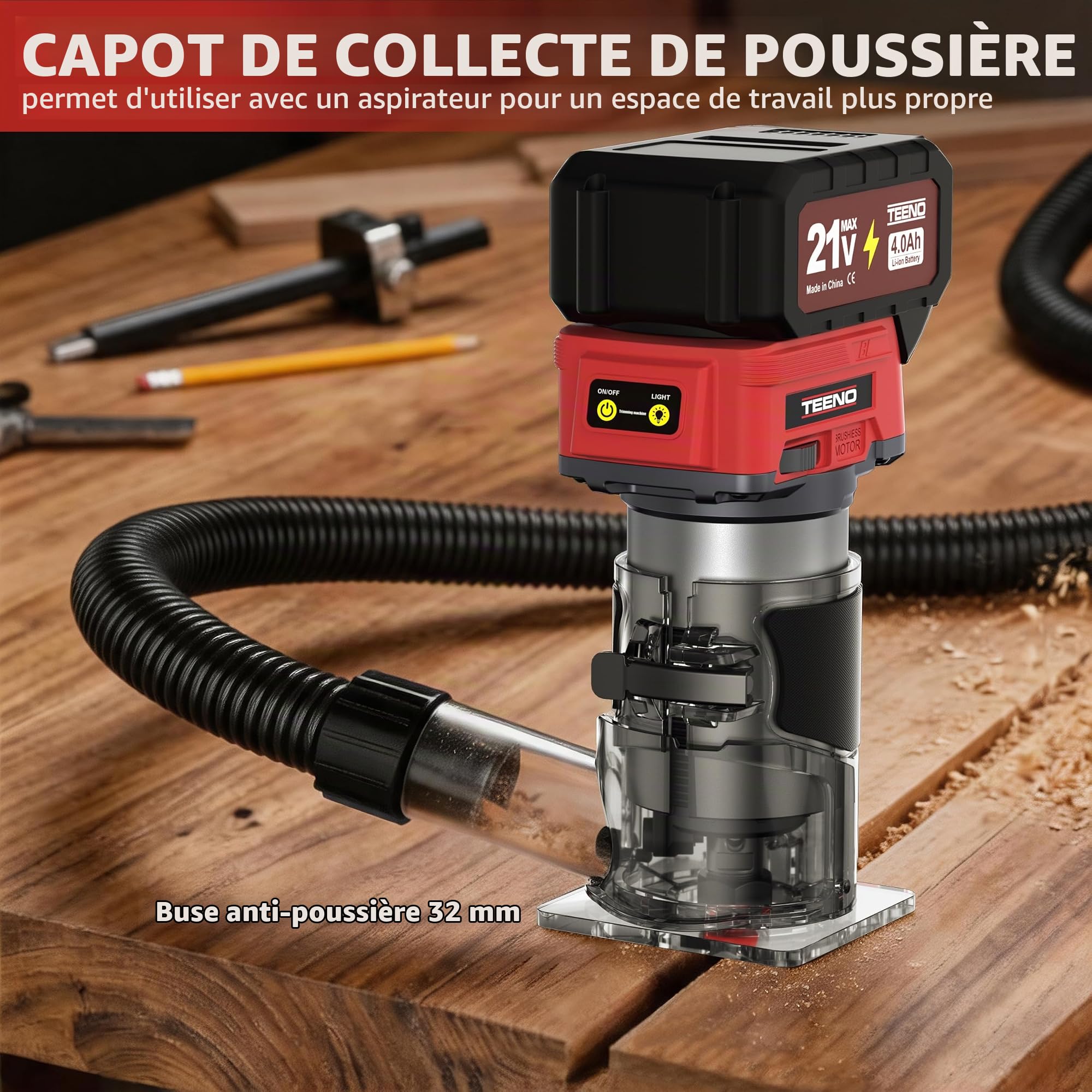 Rabot à bois sans fil 20V, mini défonceuse portable avec 2 batteries de 4,0 Ah et moteur sans balais, 6 vitesses variables jusqu'à 35,000 tr/min, livré avec guide de bord, guide à rouleau