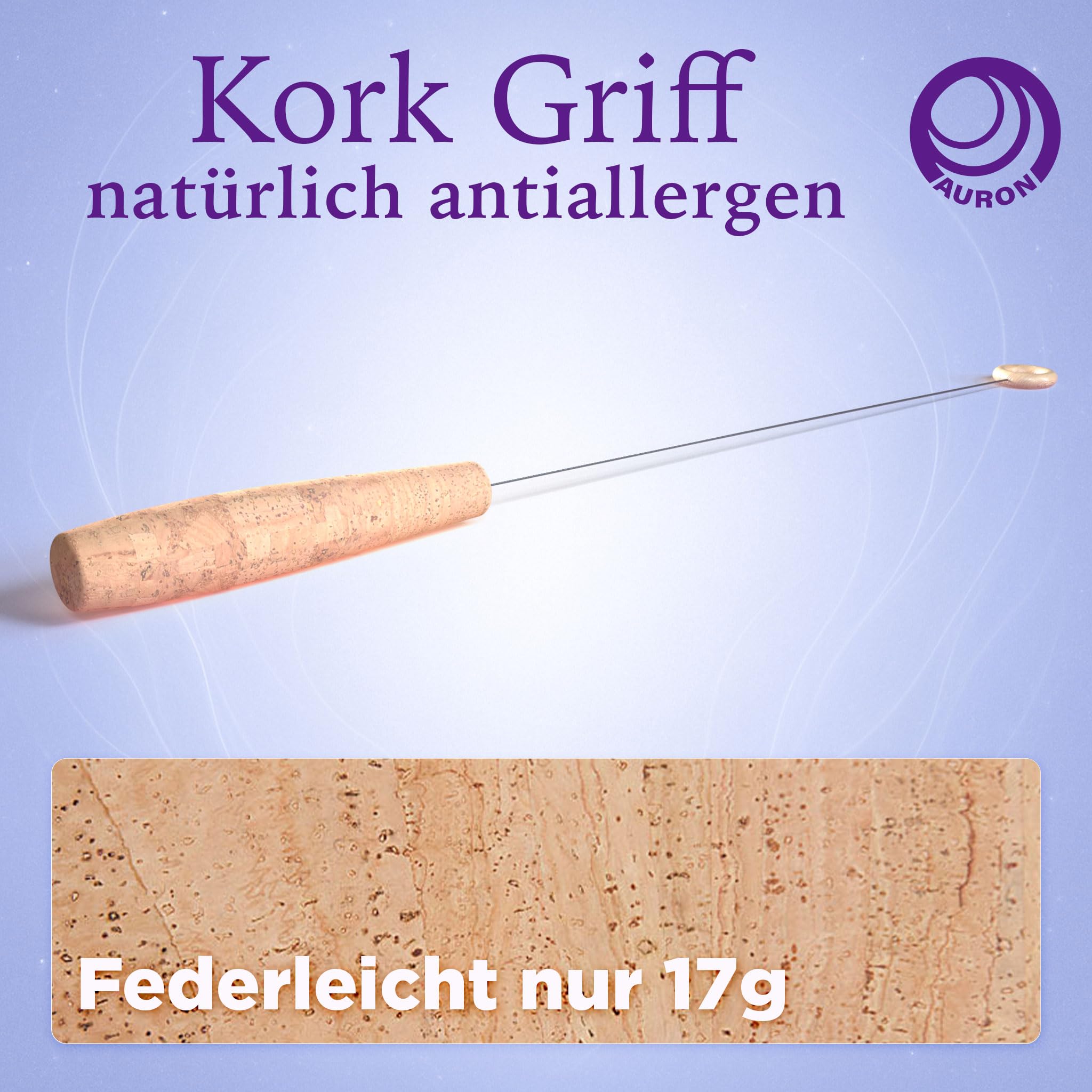 AURON Tensor Einhandrute Korkgriff mit Holzring, 43cm, Ultraleicht & sensibel nur 17g, inkl Transportrolle und Anleitung, Handgefertigt in Deutschland