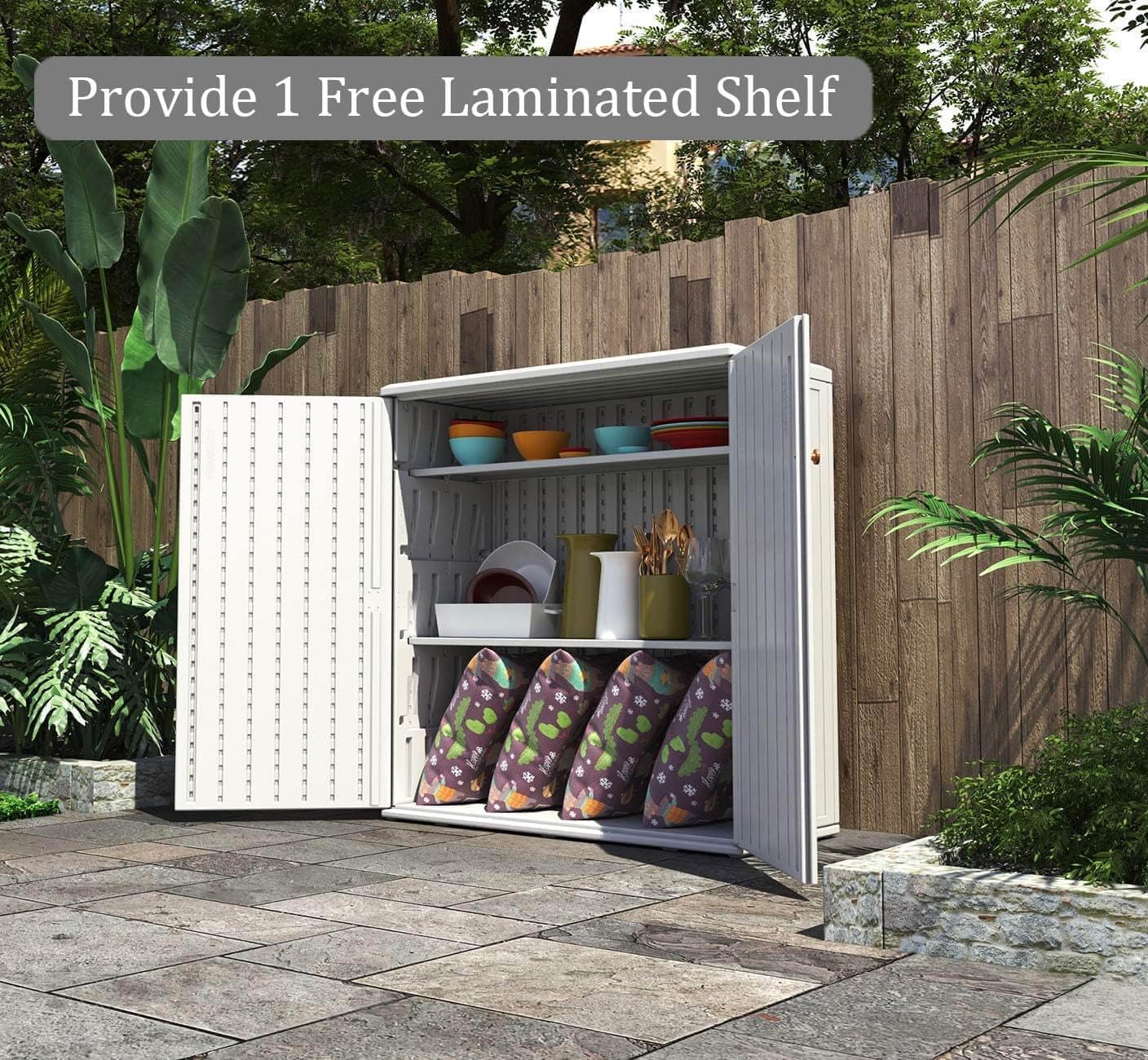 HOMSPARK Storage Shed Weather Resistance, Multi-Purpose Outdoor Storage Cabinet for Backyards and Patios, Horizontal Storage Shed for Lawnmower, Patio Accessories (White, 10 cu.ft)
