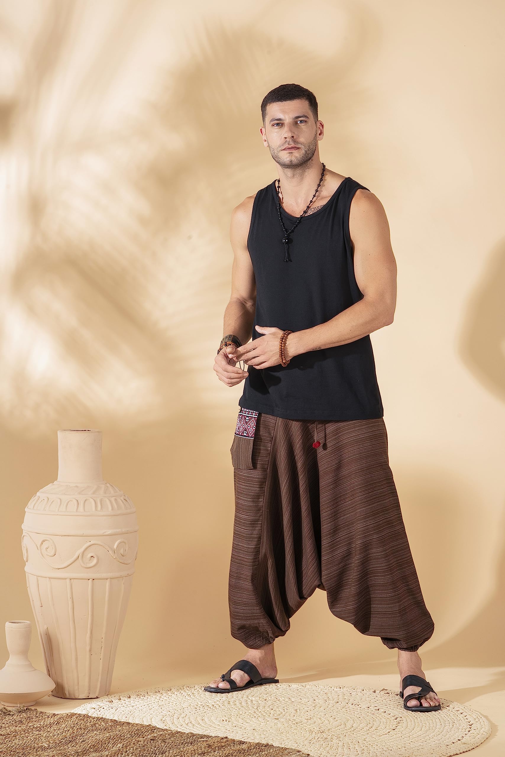 The Veshti Company Cotton Baggy Pants Drop Crotch Harems for Men's Loose Boho Oversized Striped Meditation Yoga Pant with Pocket, Brown - Ravening Wings, L