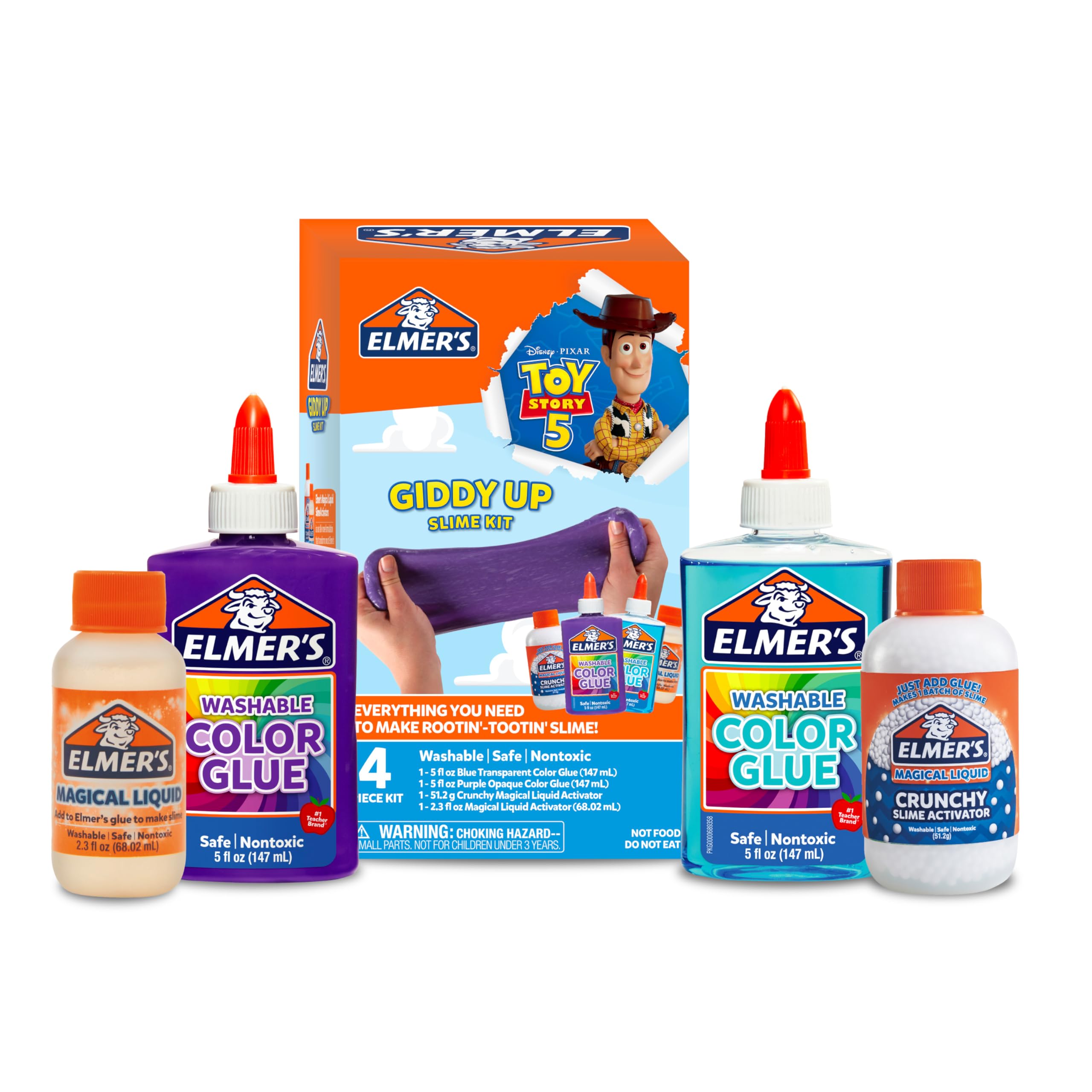 Elmer's Giddy Up Slime Kit Featuring Toy Story Characters, Slime Supplies, Color Glue, Crunchy Slime, 4 Piece Kit