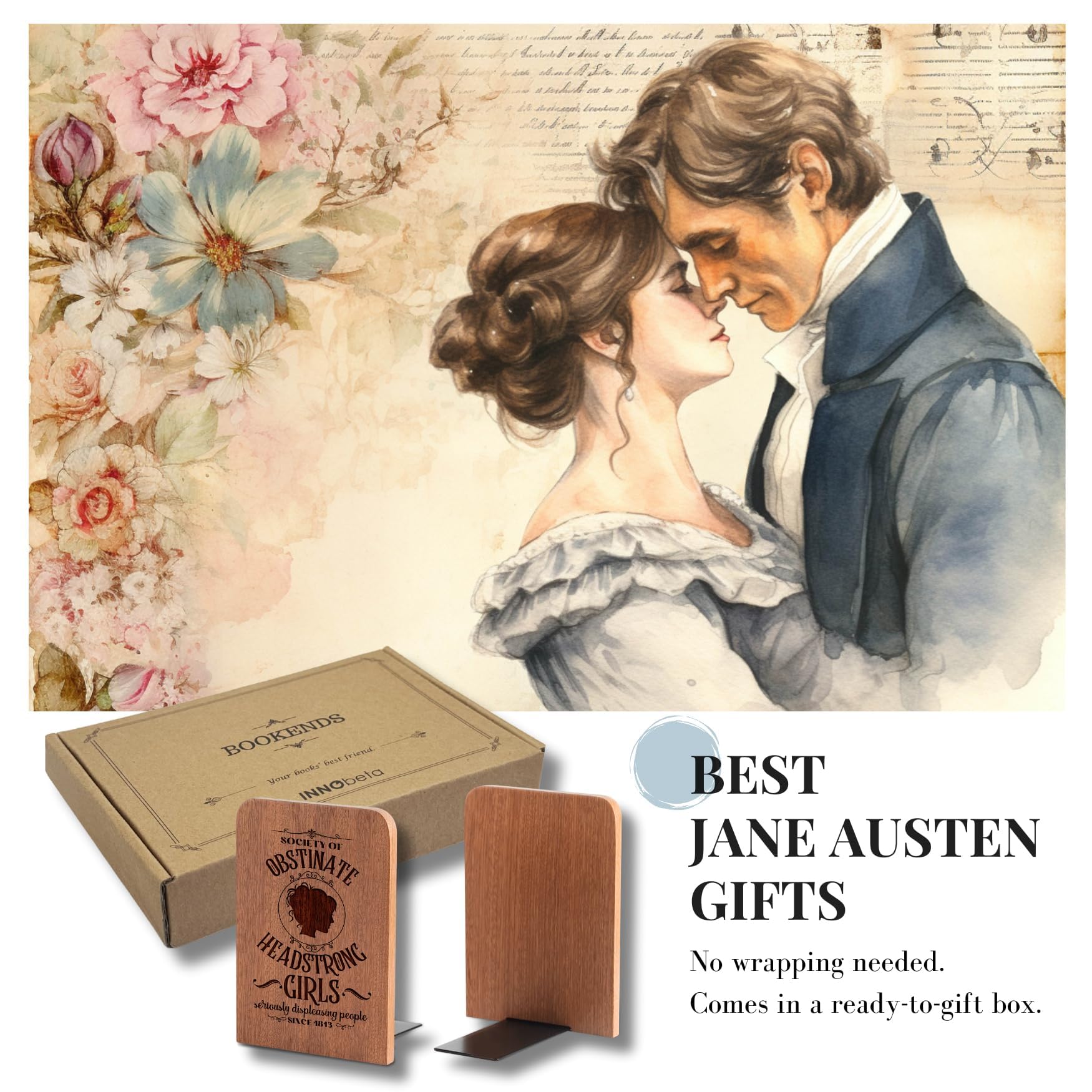 Jane Austen Gifts for Women Men, Novelty Bookends Unique, Pride and Prejudice Gifts for Book Lovers, Heavy Duty Wooden Book Ends for Shelves Decorative(1 Pair, 4.72x6.69 Inches)