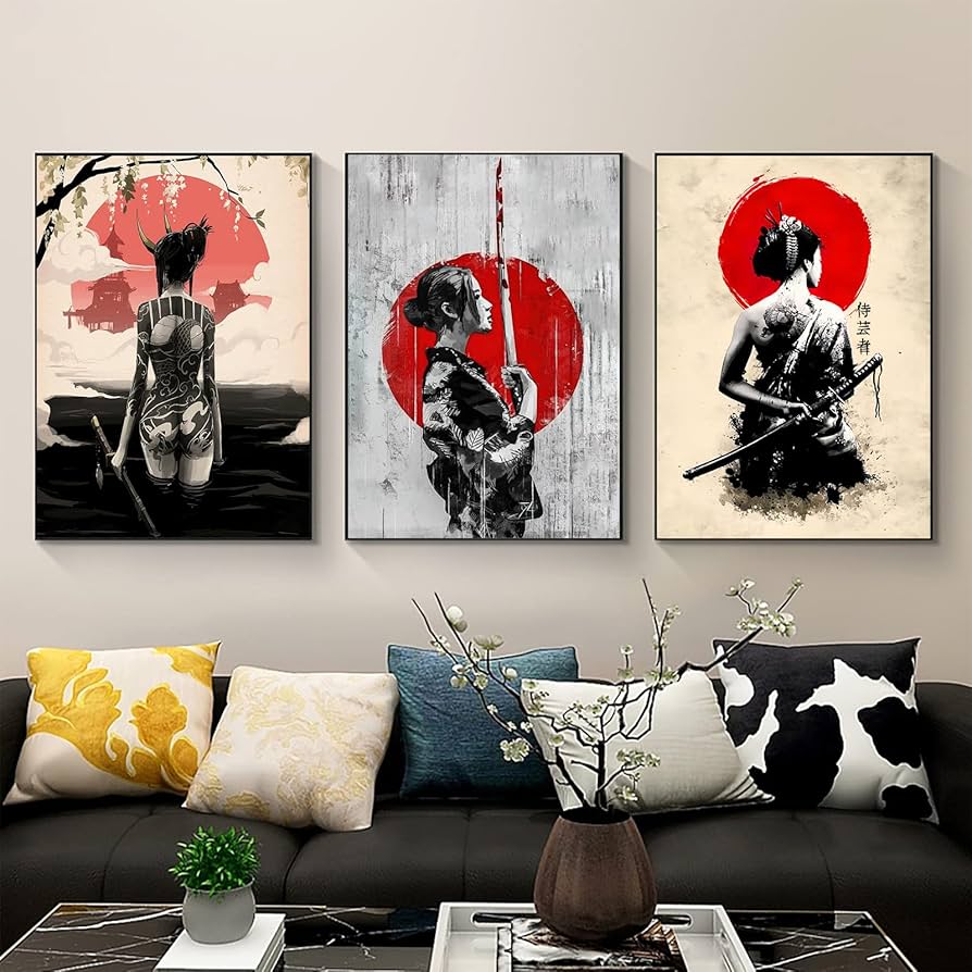 IUNTWEIE Dipinti su tela Bushido giapponese, poster di guerrieri giapponesi, dipinti su tela in bianco e nero per l'arredamento del soggiorno, senza cornice (2x50x70cm, Bushido-4) : IUNTWEIE