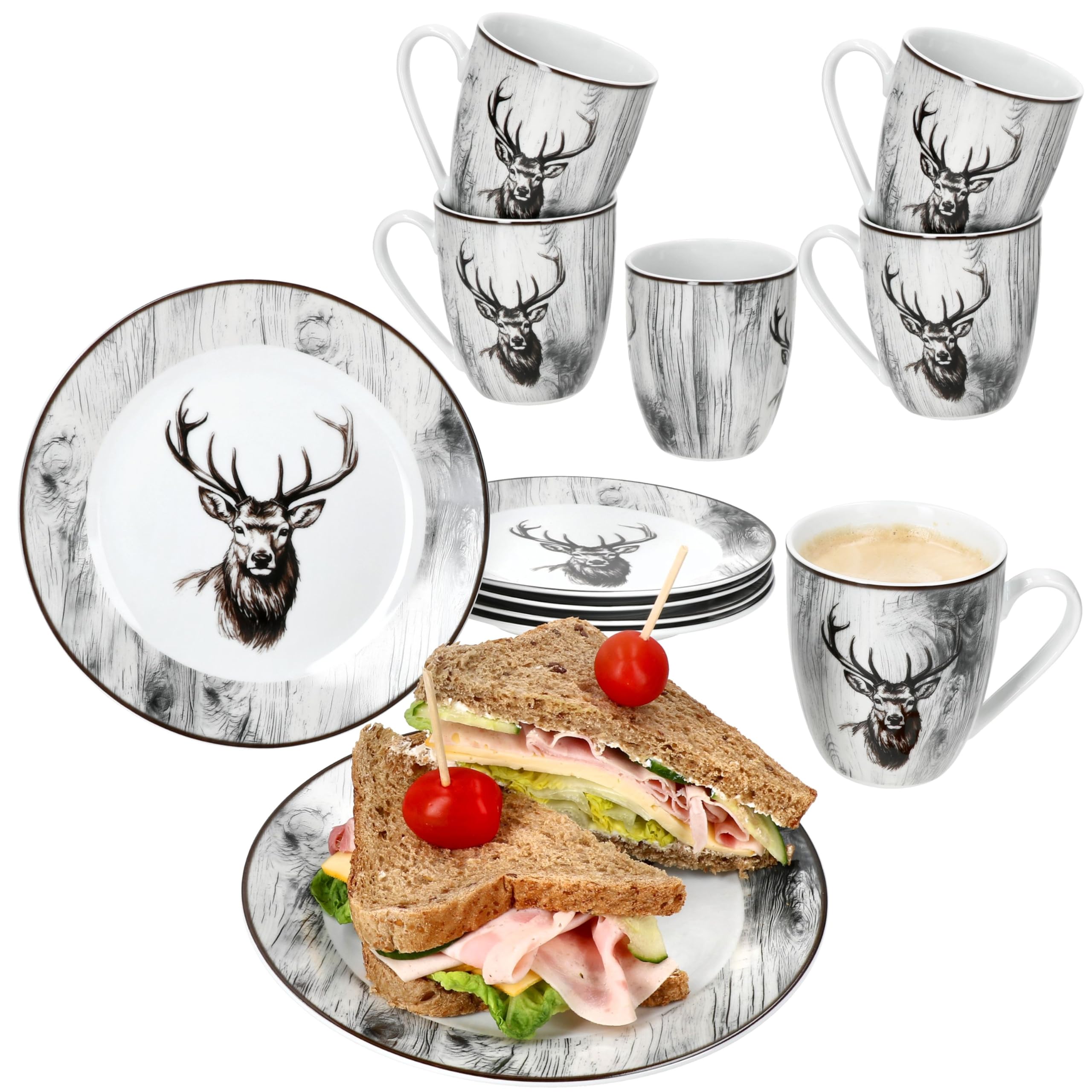 MamboCat Alois 12tlg Frühstücksset I je 6x Frühstücksteller & Kaffeebecher 350 ml aus Porzellan I 6 Personen I Holz-Optik & Hirschmotiv in Schwarz-Weiß I für Frühstück & Kaffee