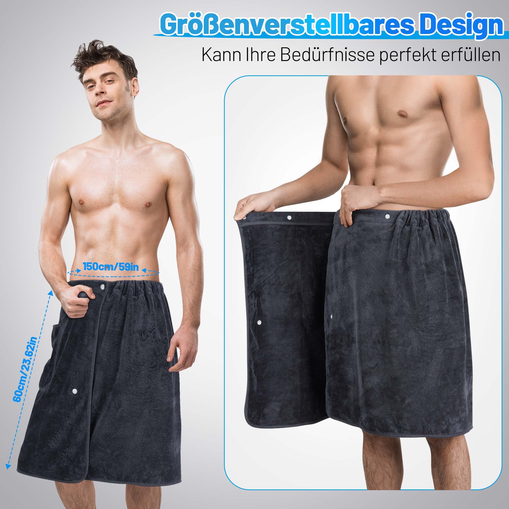 Saunakilt Herren 60x150 cm, Verstellbarer Druckknopf Saunahandtuch, Saunatuch Elastischer Bund, Sauna Kilt Männer Geeignet für Sauna, Schwimmbad, Strand