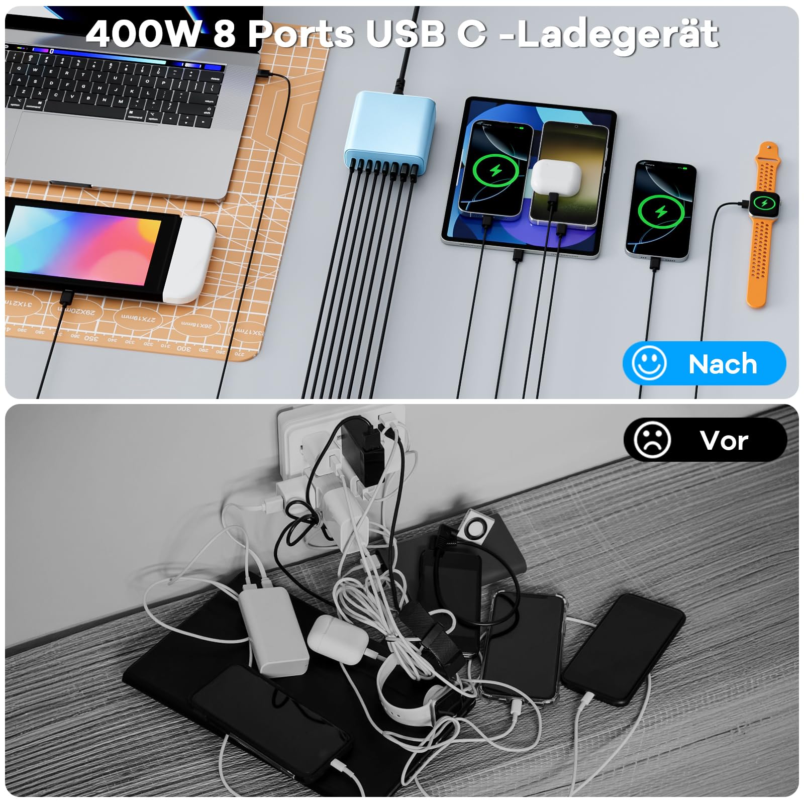 GaN IV Chargeur USB C 400 W - 8 ports - Chargeur rapide à 8 ports - Compatible avec MacBook Pro/Air, iPad Pro/Air, iPhone, Android, etc