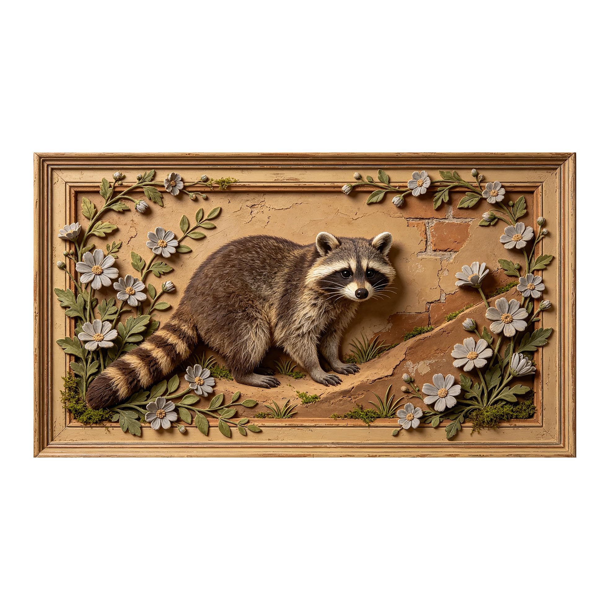 Murasolite 3D 3D Framed Wall Art 50cm×90cm Rustic Raccoon Forest Floral Relief Effect SelfAdhesive Fabric Mural Wall Decor, Peel and Stick No Damage to Wall for Bedroom Living Room