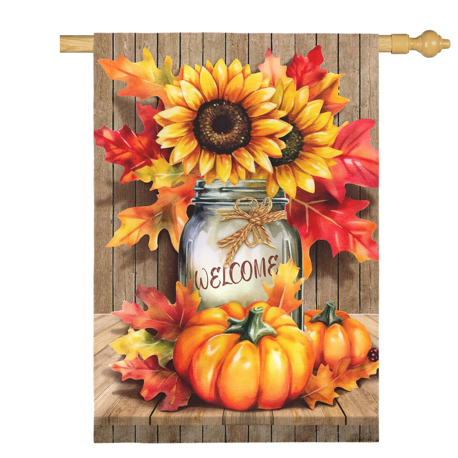 Dacawin Fall Garden Flags Thanksgiving Sunflower Pumpkin Printing House Flag Welcome Autumn Maple Leaves Yard Flags for Outside Mason Jar Pattern Floral House Banner Decor Large Size 28 x 40 Inch โ image 1
