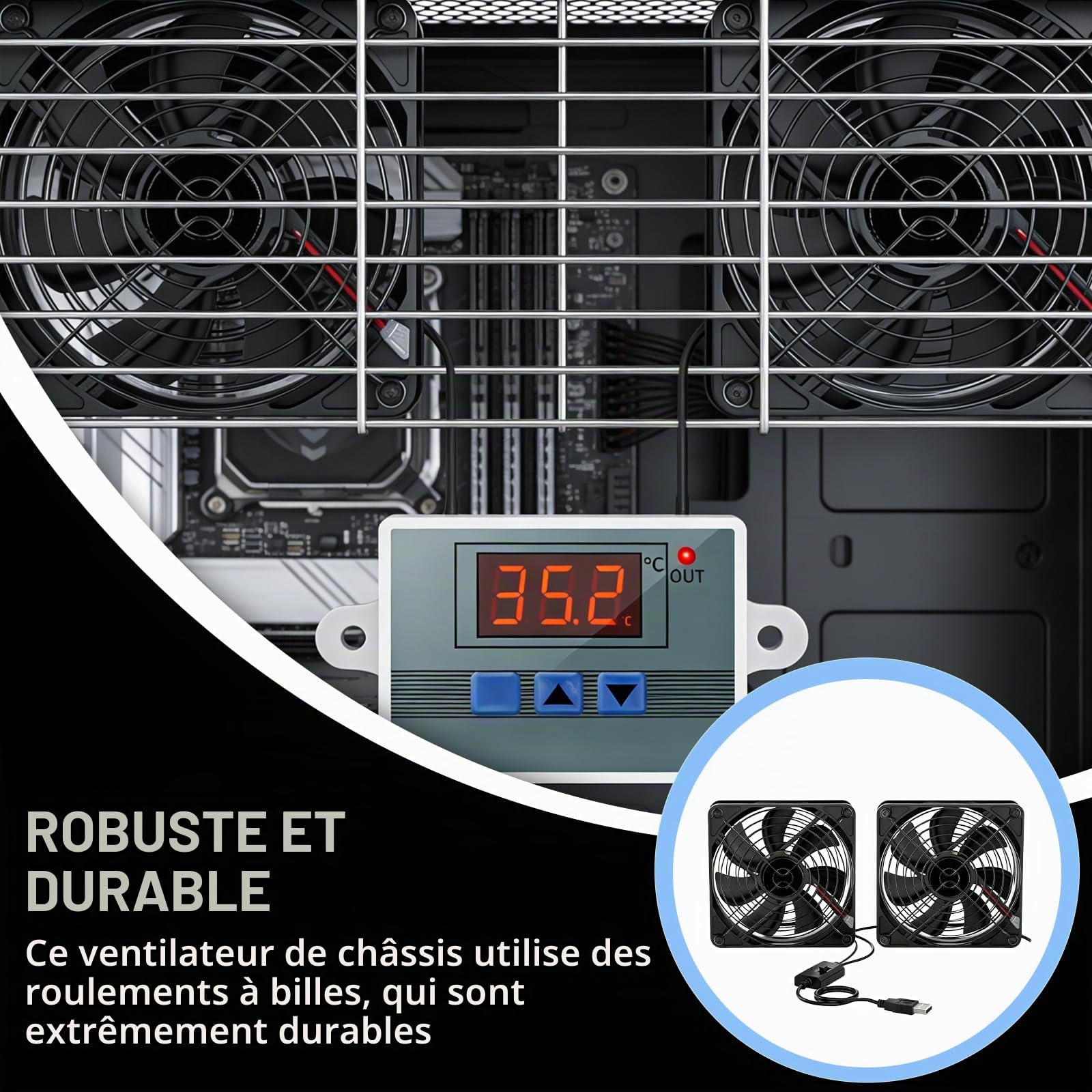 Lot de 2 ventilateurs USB, 120 mm, avec régulateur de température numérique, 5 V, 3 vitesses réglables, double roulement à billes, pour PS5/ordinateur portable/TV Box/AV, armoire, routeur
