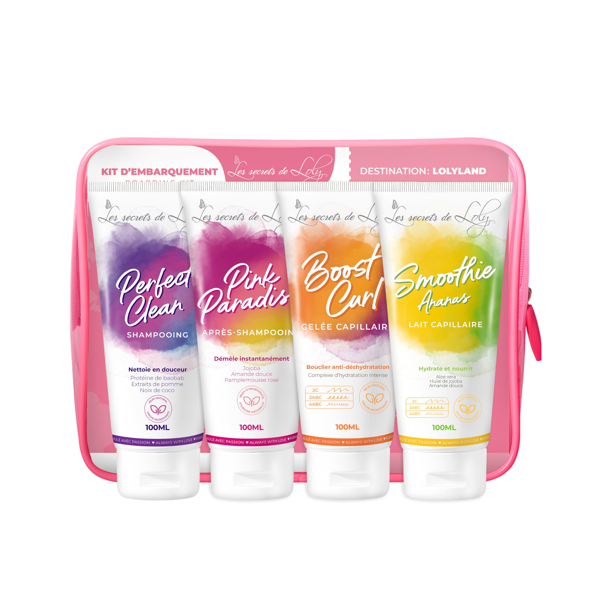 Les Secrets de Loly - Trousse de Voyage Cheveux Frisés - 4 Soins 100ml - Shampooing + Après-Shampooing + Gelée + Lait Capillaire - Format Cabine