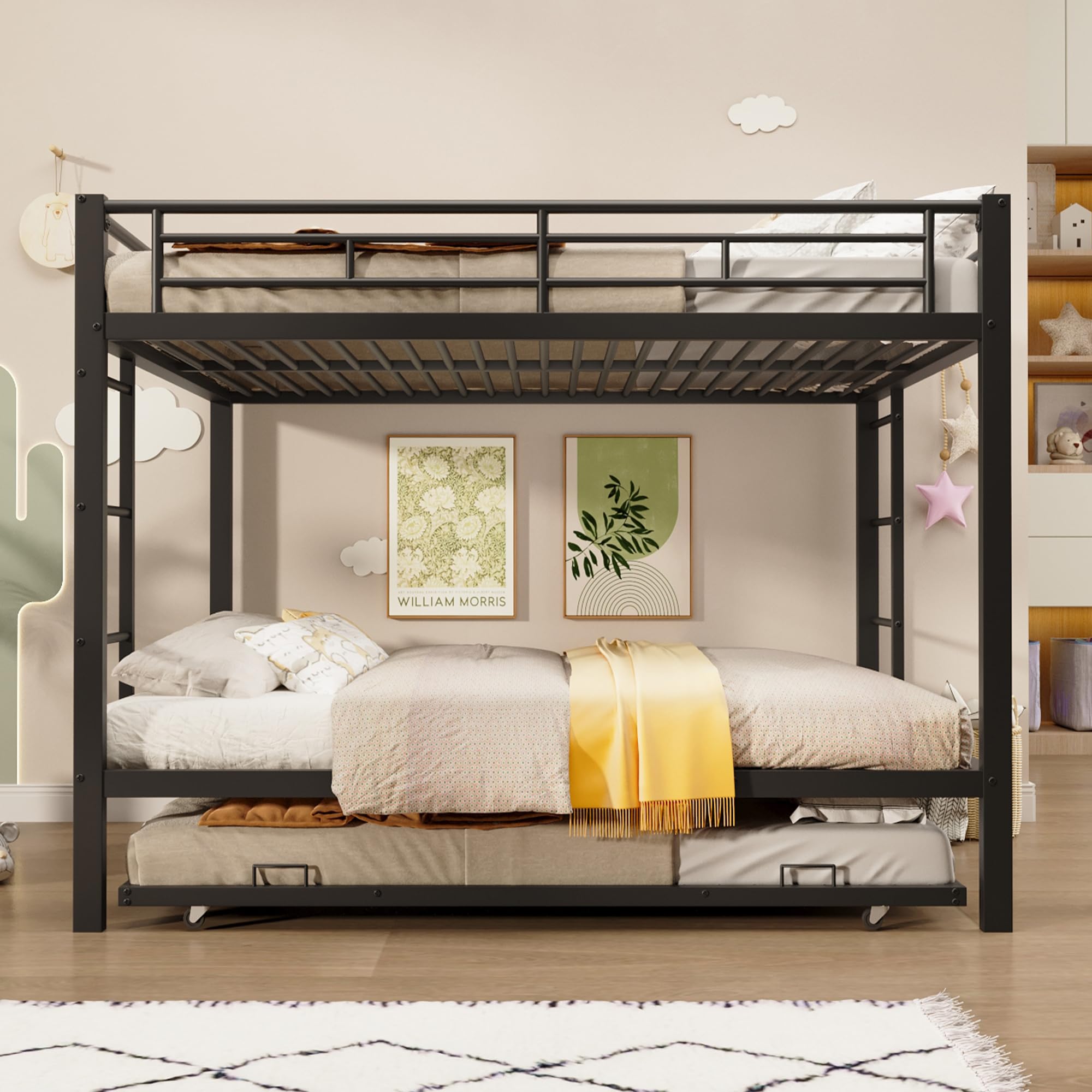 Letto a castello 140x200 cm, con telaio in ferro con sponde laterali e scala di sicurezza, dotato di letto estraibile, per camerette per bambini o dormitori per adulti, senza materasso (nero)