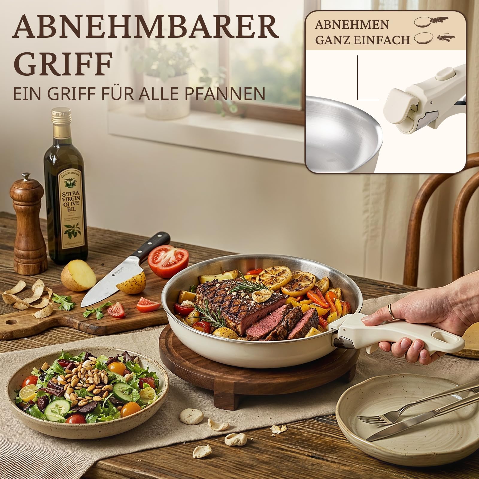 KOKHUB Pfannenset mit abnehmbarem Griff 7-Teilig, Edelstahl Pfanne | 20/26/30 cm, 3-Schicht-Material Bratpfannen Induktion unbeschichtet, Platzsparend, PFOA- & PFAS-frei, Backofenfest, Beige