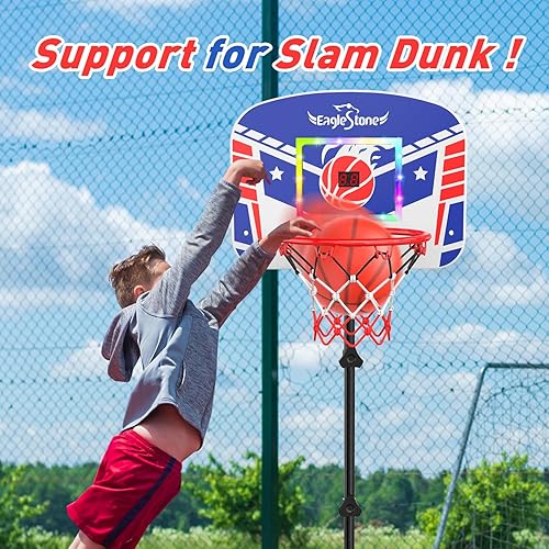 Miniatura 8 de Eaglestone Aro de baloncesto para niños con luces LED y marcador, altura ajustable de 2.9 pies a 6 pies, mini aro para exteriores con 3 bolas,