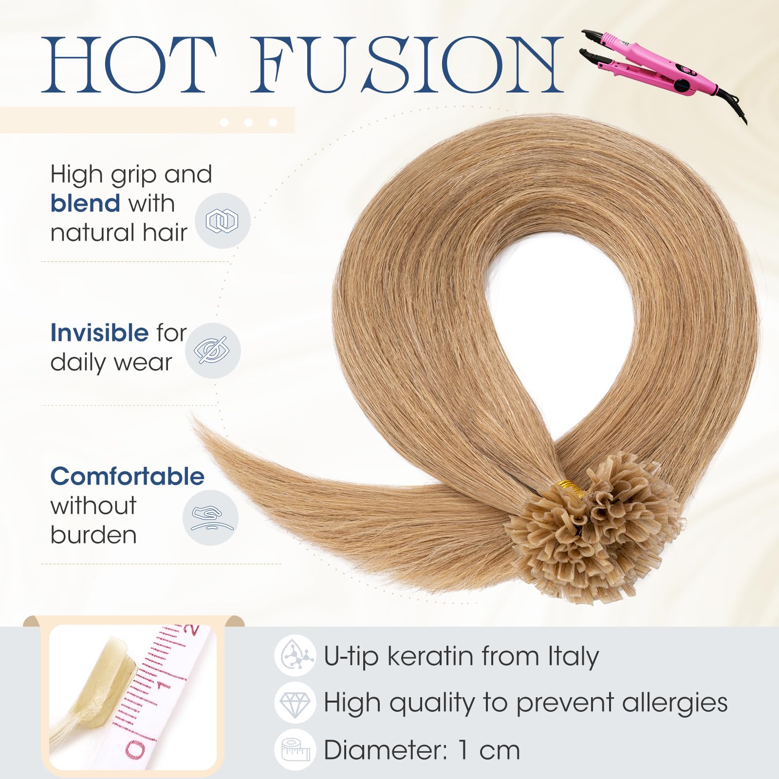 Elailite Extensiones Queratina Pelo Natural 100 Mechas 100% Cabello Humano sin Clip U Tip Keratina 45cm (50g) #27 Rubio Oscuro