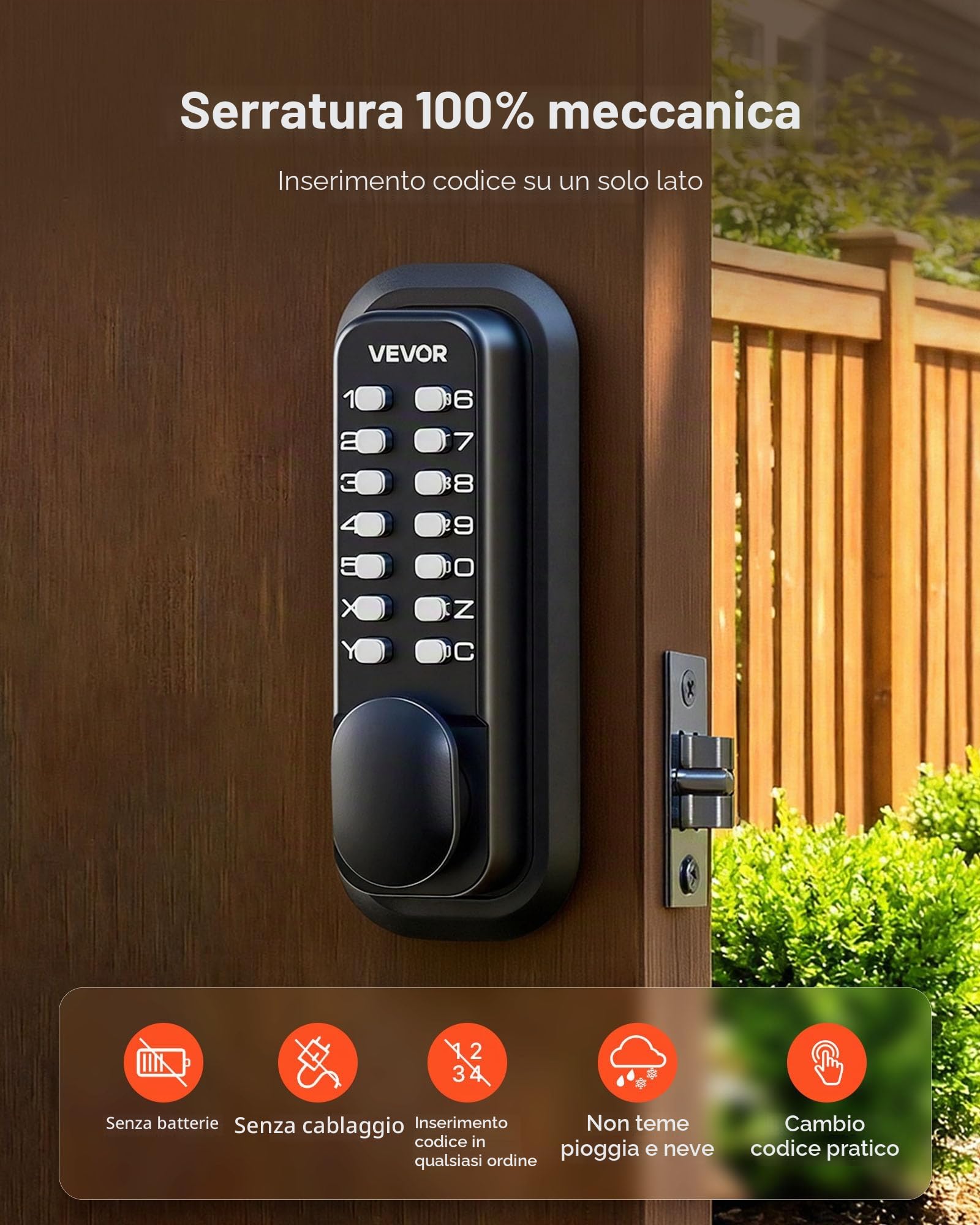 VEVOR Serratura Meccanica per Porte con Tastiera Monofacciale Codice da 4-7 Cifre, Serratura Senza Chiave Batteria a Combinazione con Pomello Bloccaggio Automatico Porte d'Ingresso, Nero