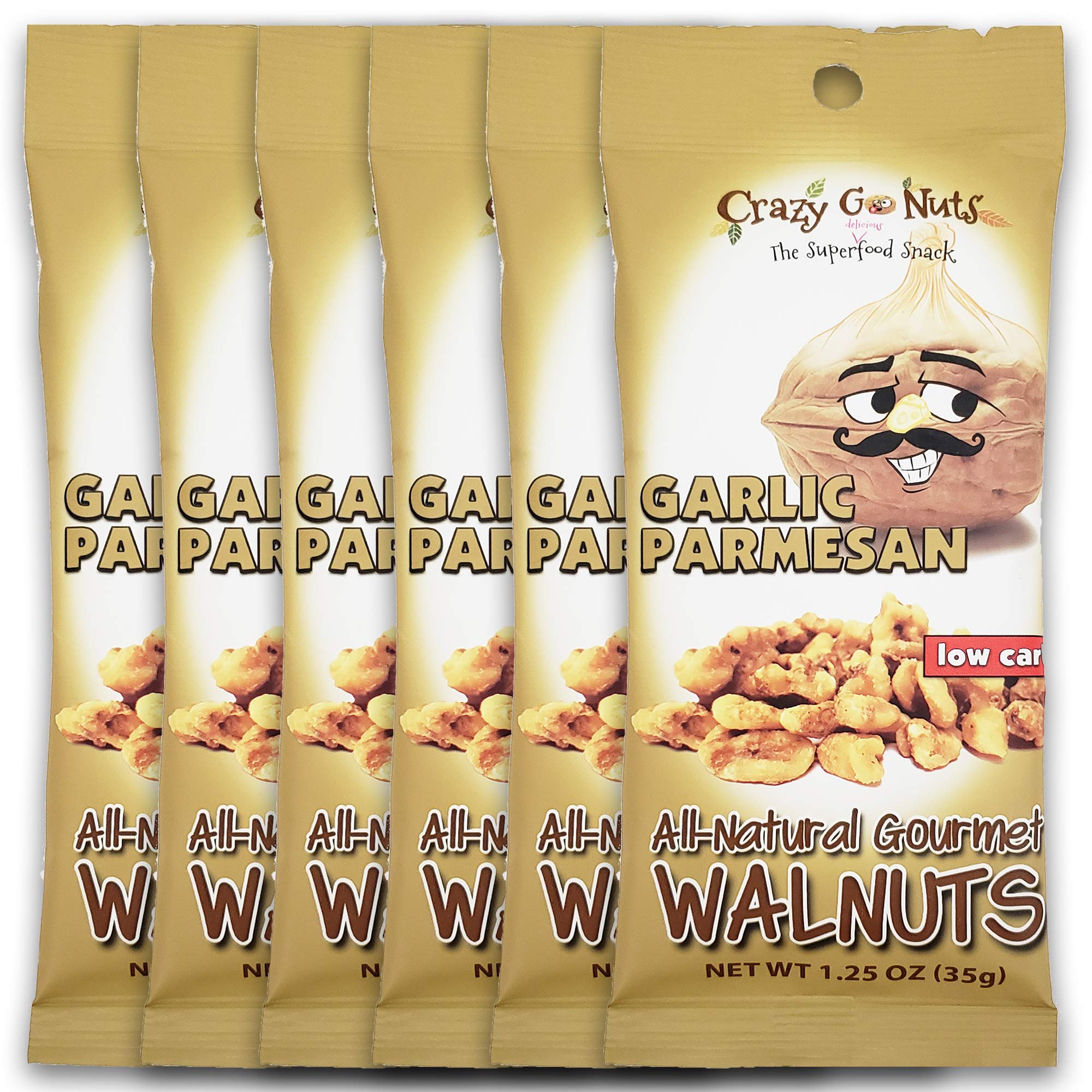 Crazy Go Nuts Walnuts Garlic Parmesan - Healthy Snacks, Keto, Low Carb, Gluten Free, Superfood-Natural, ALA, Omega 3 Fatty Acids, Good Fats, and Antioxidants - 1.25 Oz, 6-Pack