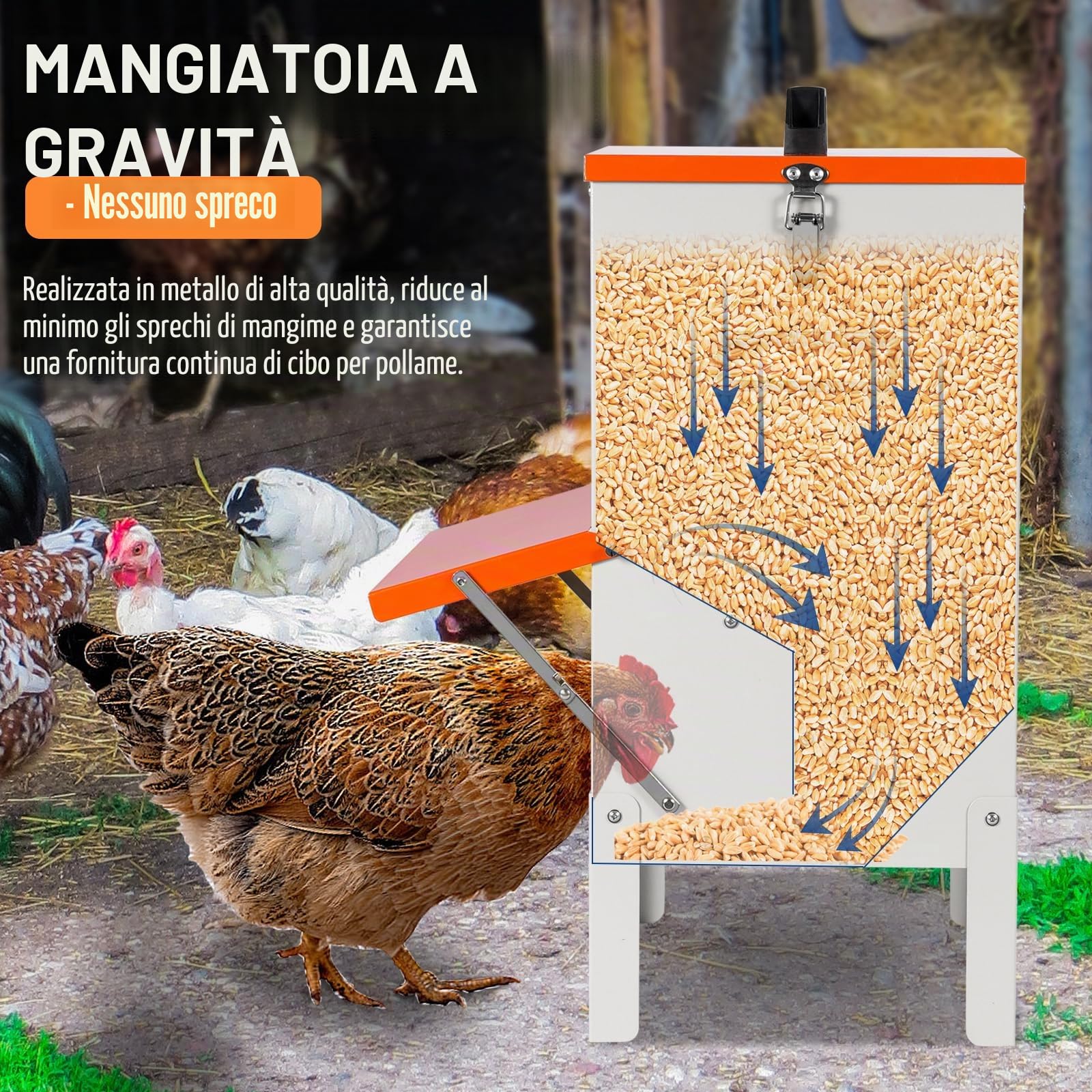 Mangiatoie Automatiche per Polli, Mangiatoie Metalliche per Pollame Nessuno Spreco Grandi Mangiatoie Sospese con Coperchio per Polli, Anatre, Oche, Piccioni, Cani, 50 Libbre di Mangime per Polli