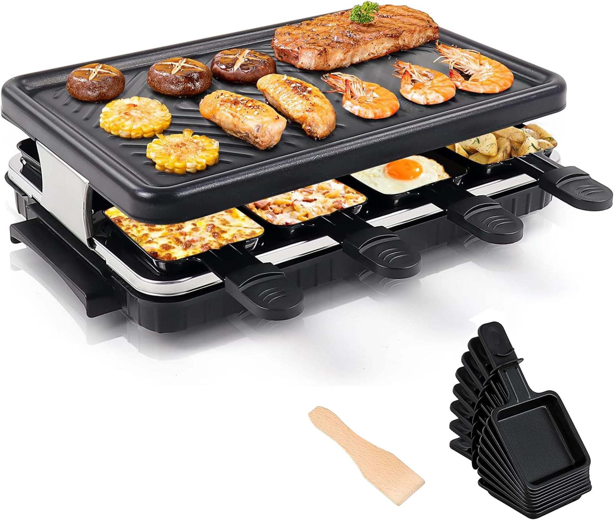 Korean Indoor Electric Grill - 1300W Smokeless & Portable BBQ Raclette Grill Table with 8 Cheese Maker Pans, Non-Stick Griddle Plate & Adjustable Temperature Control