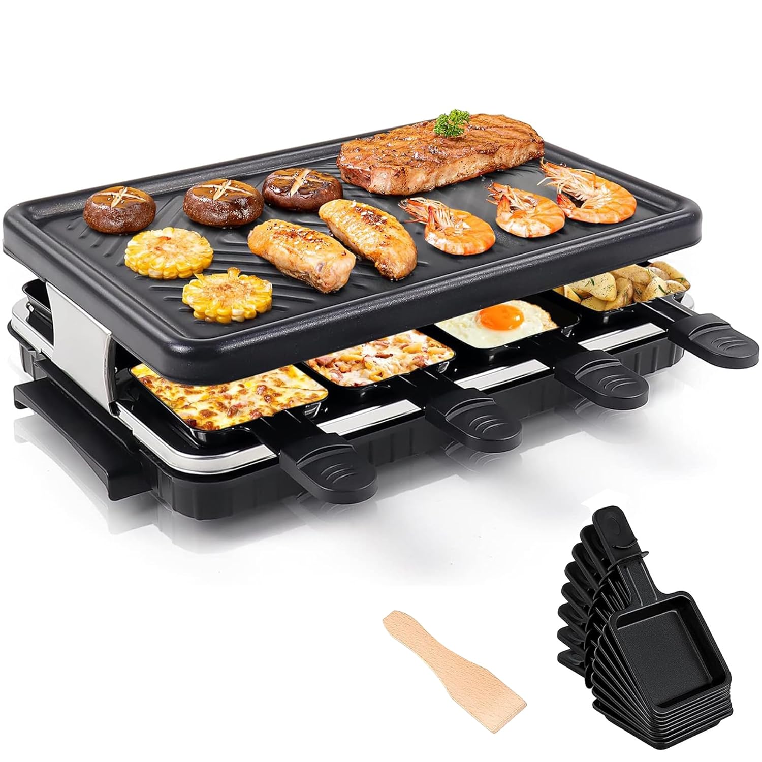 Korean Indoor Electric Grill – 1300W Smokeless & Portable BBQ Raclette Grill Table with 8 Cheese Maker Pans, Non-Stick Griddle Plate & Adjustable Temperature Control