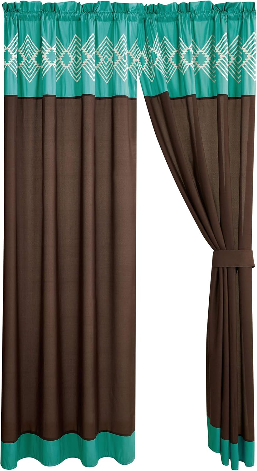 WPM WORLD PRODUCTS MART 4 Pieces Curtain Set: Coffee Brown Teal Color Luxury Embroidery Panels Drapes with tie Backs for Southwestern Navajo Room Windows- Makala