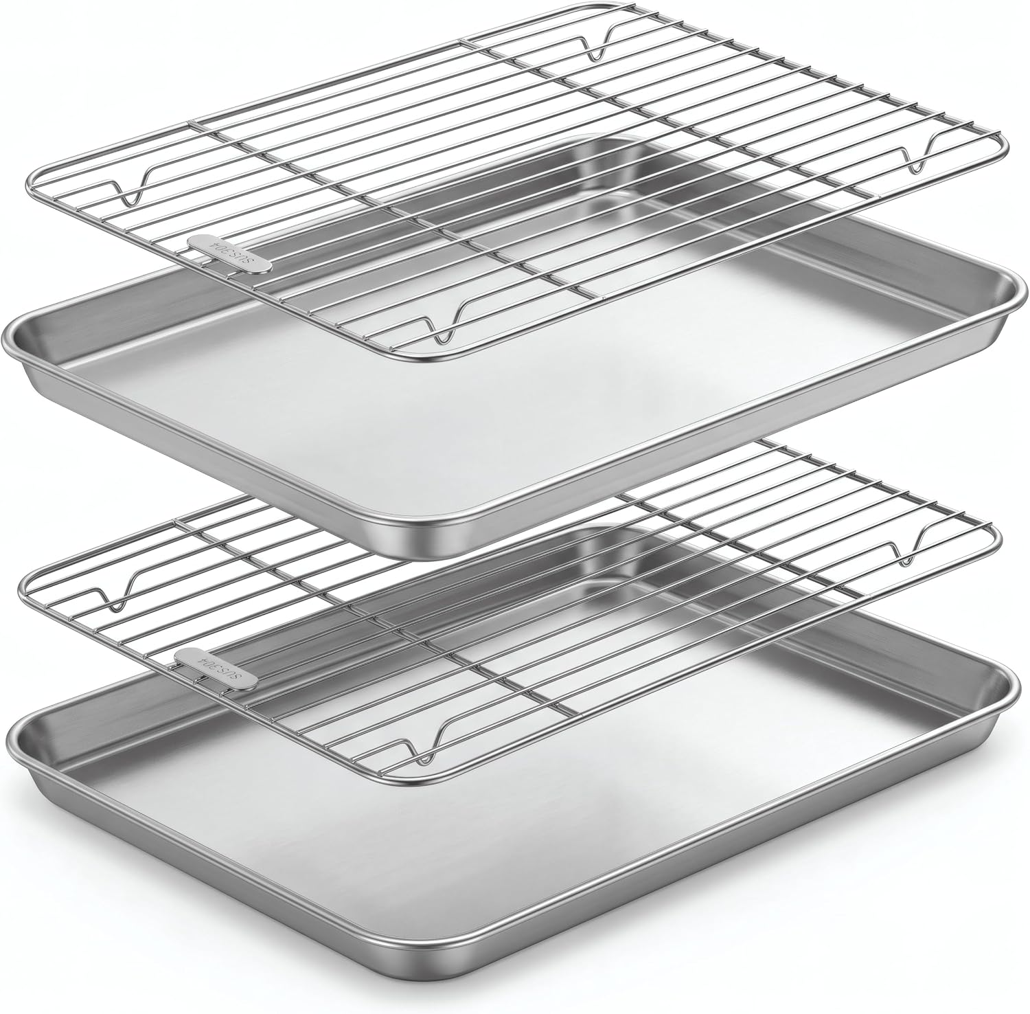 4-Piece 304 Stainless Steel Oven Safe Rimmed Baking Sheet and Rack Set | 2 rimmed baking sheets and 2 racks for cookies, roasting, cooling, and meal prep, no coating, oven & dishwasher safe.