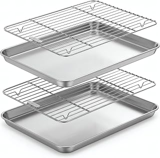 18/8 304 Stainless Steel Baking Sheet with Rack, Flat Bottom, 4-Piece Set | 2 pans + 2 racks, all made of 18/8 304 stainless steel; uncoated; 12.5 x 9.7 in; for baking, roasting and cooling.
