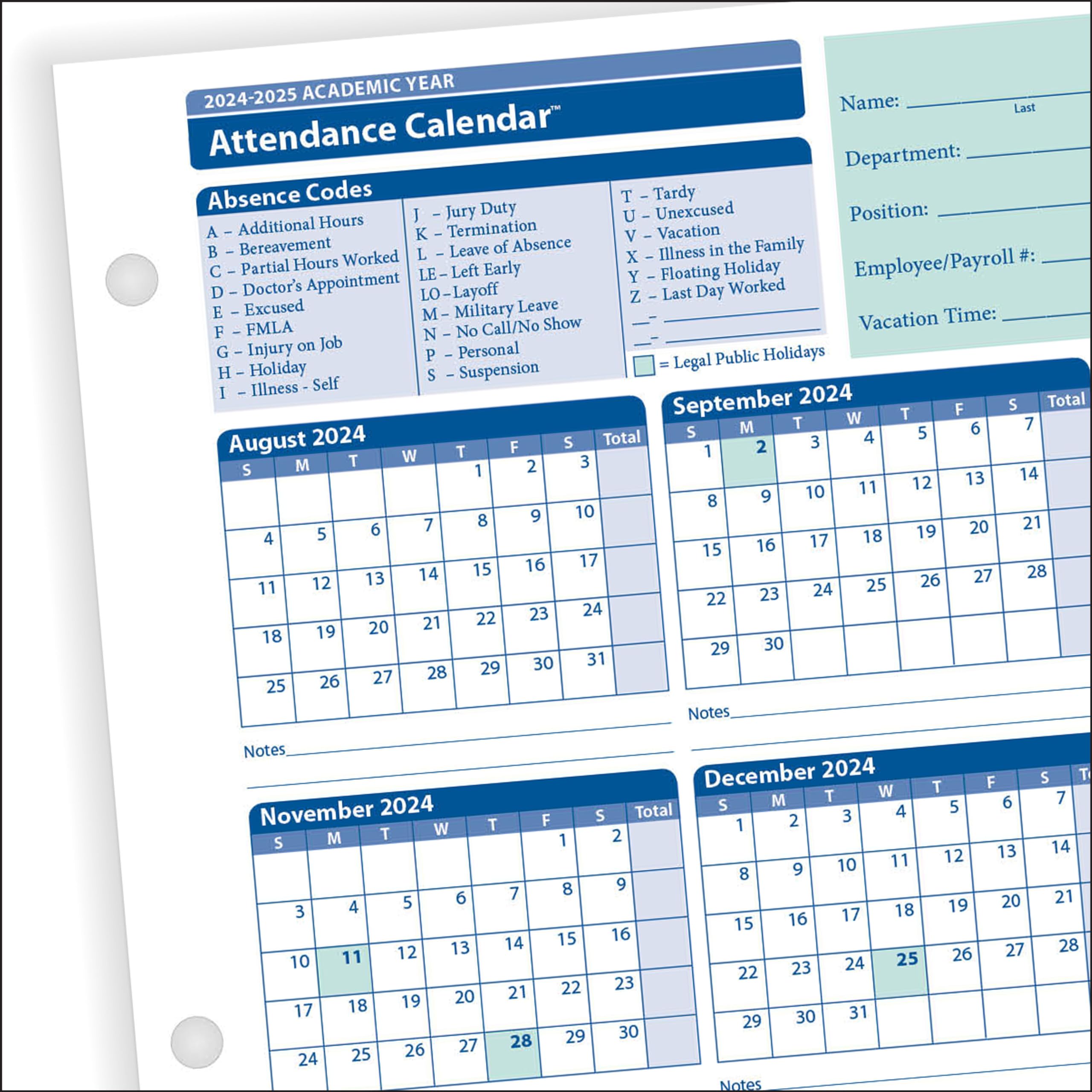 Amazon.com : 2024-2025 academic attendance calendar, 8 1/2