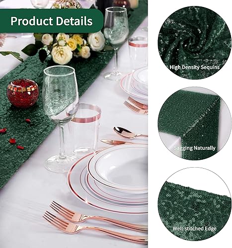 Miniatura 2 de Paquete de 15 caminos de mesa verde esmeralda, camino de mesa de lentejuelas metálicas brillantes para boda, otoño, Acción de Gracias, fiesta de