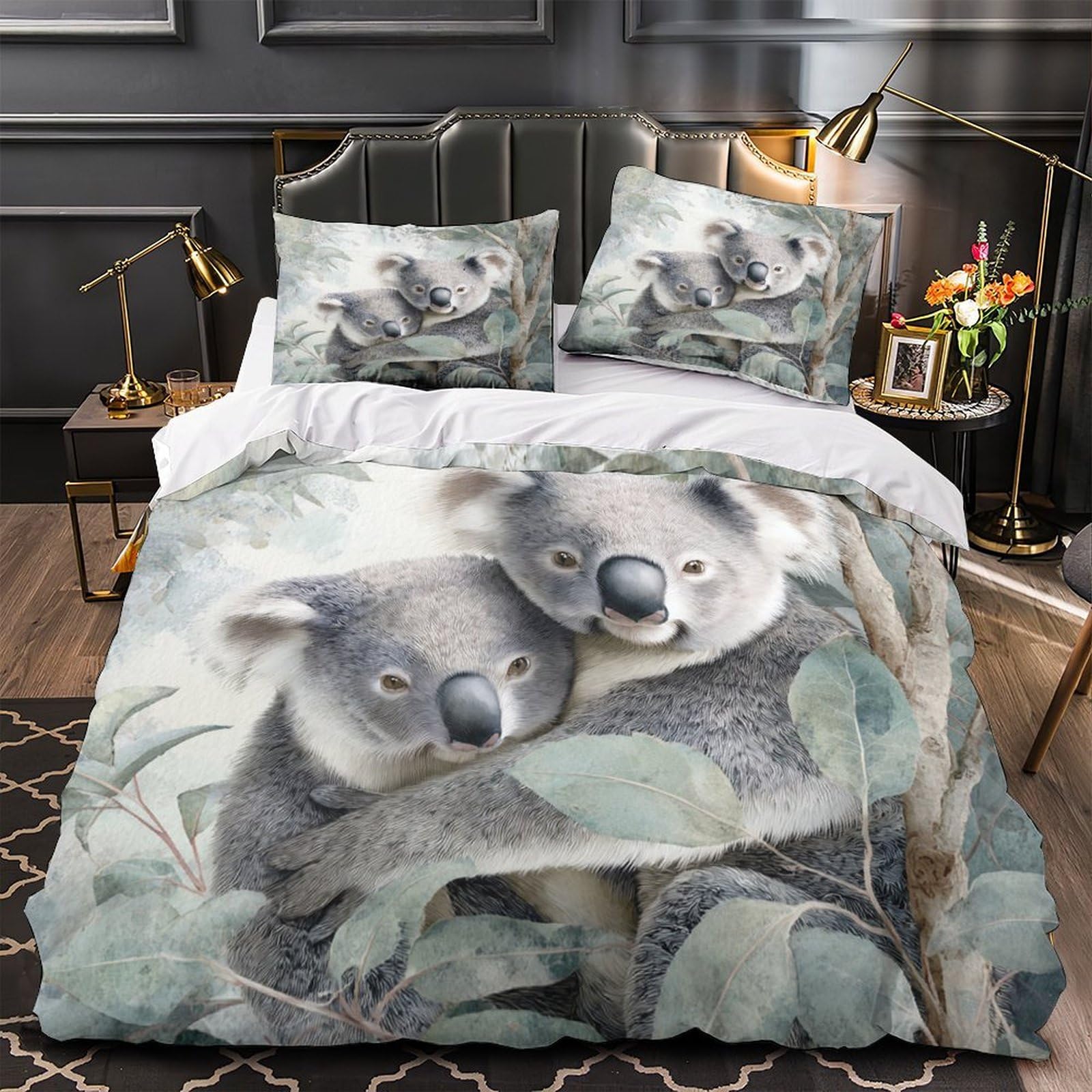 Koala-Pärchen 3D-Druck 3er-Set Bettbezug Illustrationsstil für Natur Bettdeckenbezug Mikrofaser Reißverschluss Staubmilbenfest für Jugendliche Kinder Frauen Super King（260x220cm）