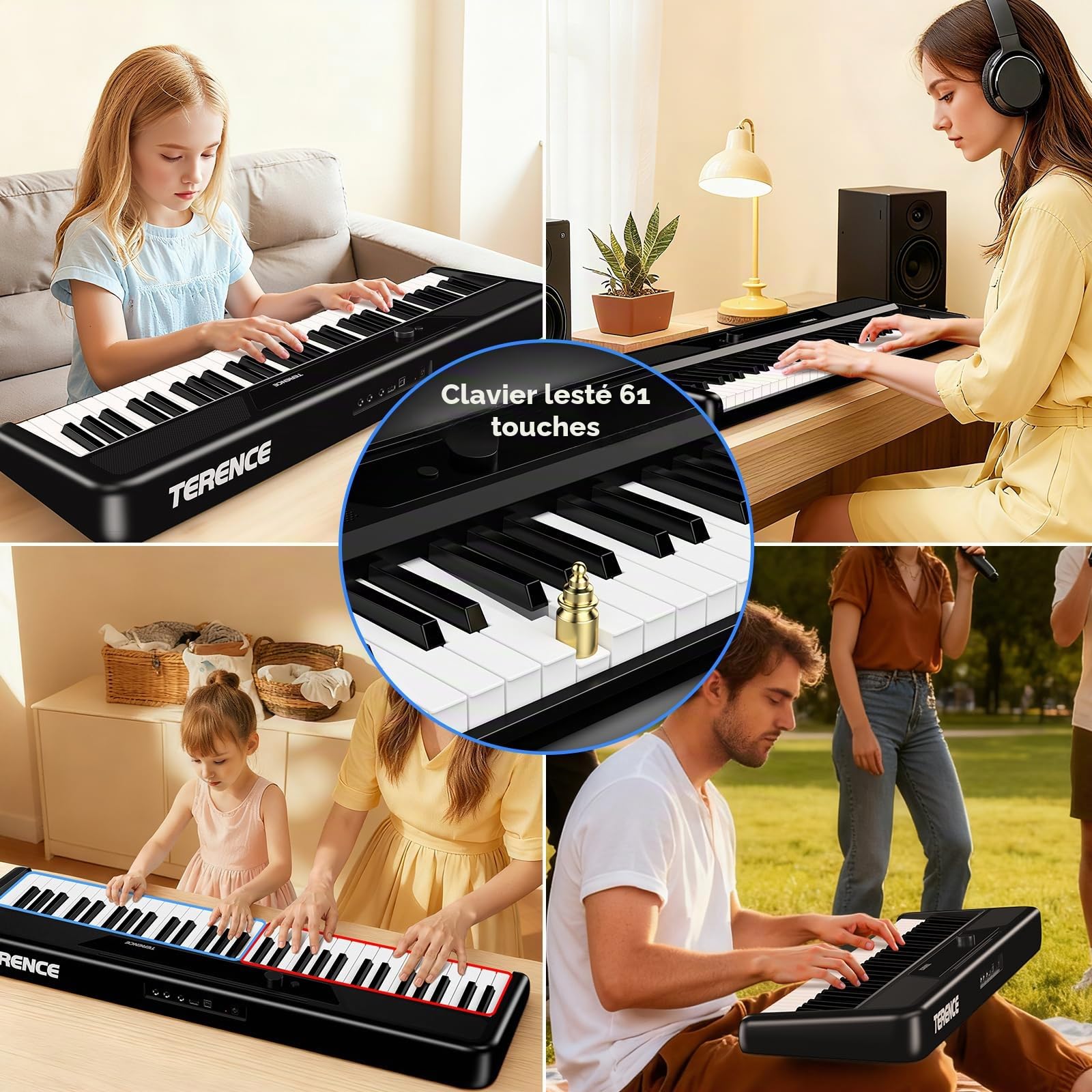TERENCE Piano électronique à 61 touches avec support 2 haut-parleurs de 5 W réponse au toucher idéal pour débutants et adultes portable MIDI 128 sonorités