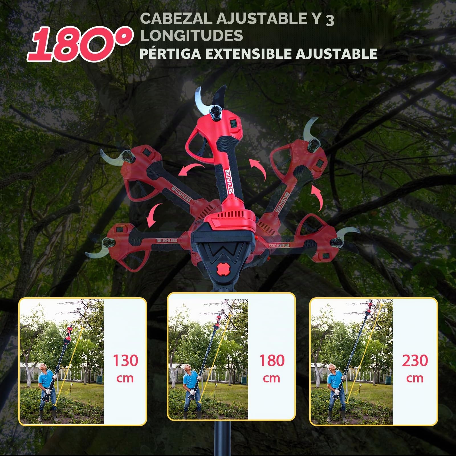 Tijeras de podar telescópicas con batería, 2 en 1 Tijeras de jardín eléctricas con 2 baterías de 2000mAh, pantalla LCD, mango telescópico para poda de árboles cortador de ramas