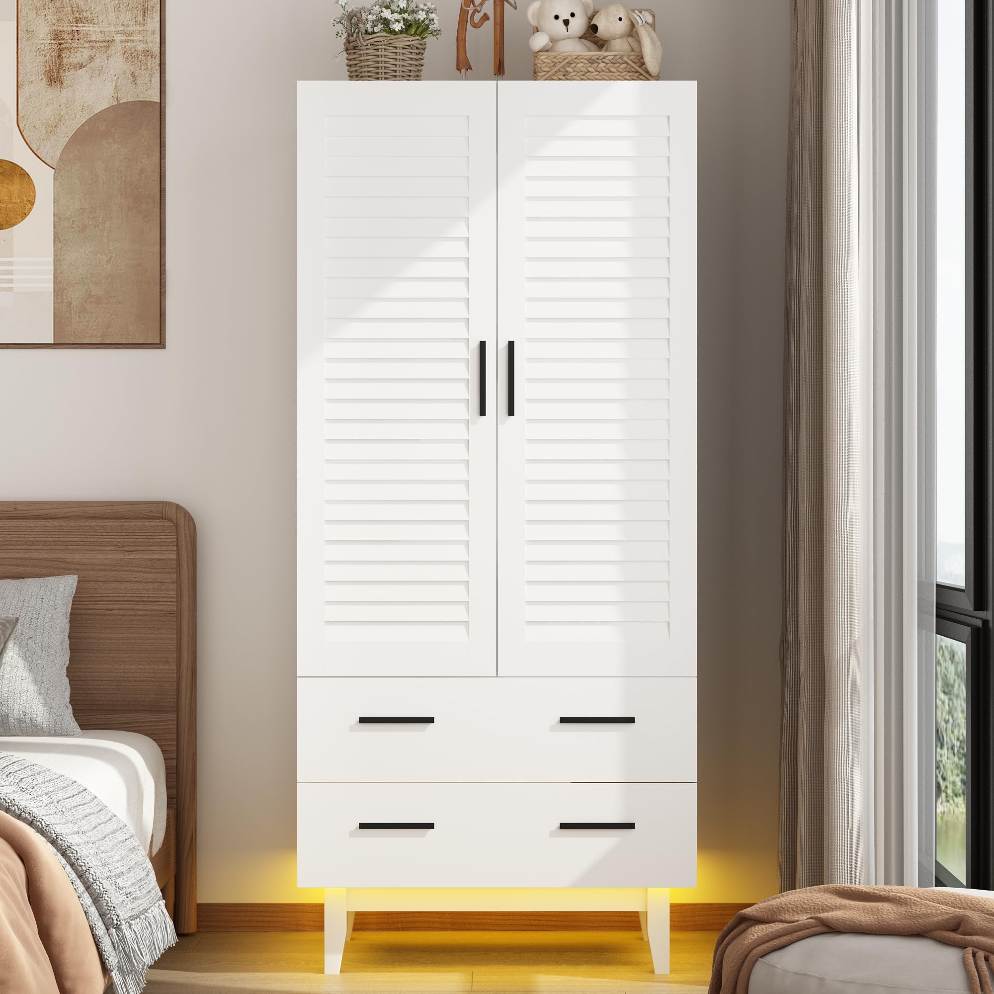 2 Door Armoire Wardrobe Closet Cabinet with Drawers and LED Lights, Multi-Tier Shelves, Hanging Rod & 2 Louver Doors, Large Capacity Storage Wardrobe Armoire for Bedroom(2 Doors White)