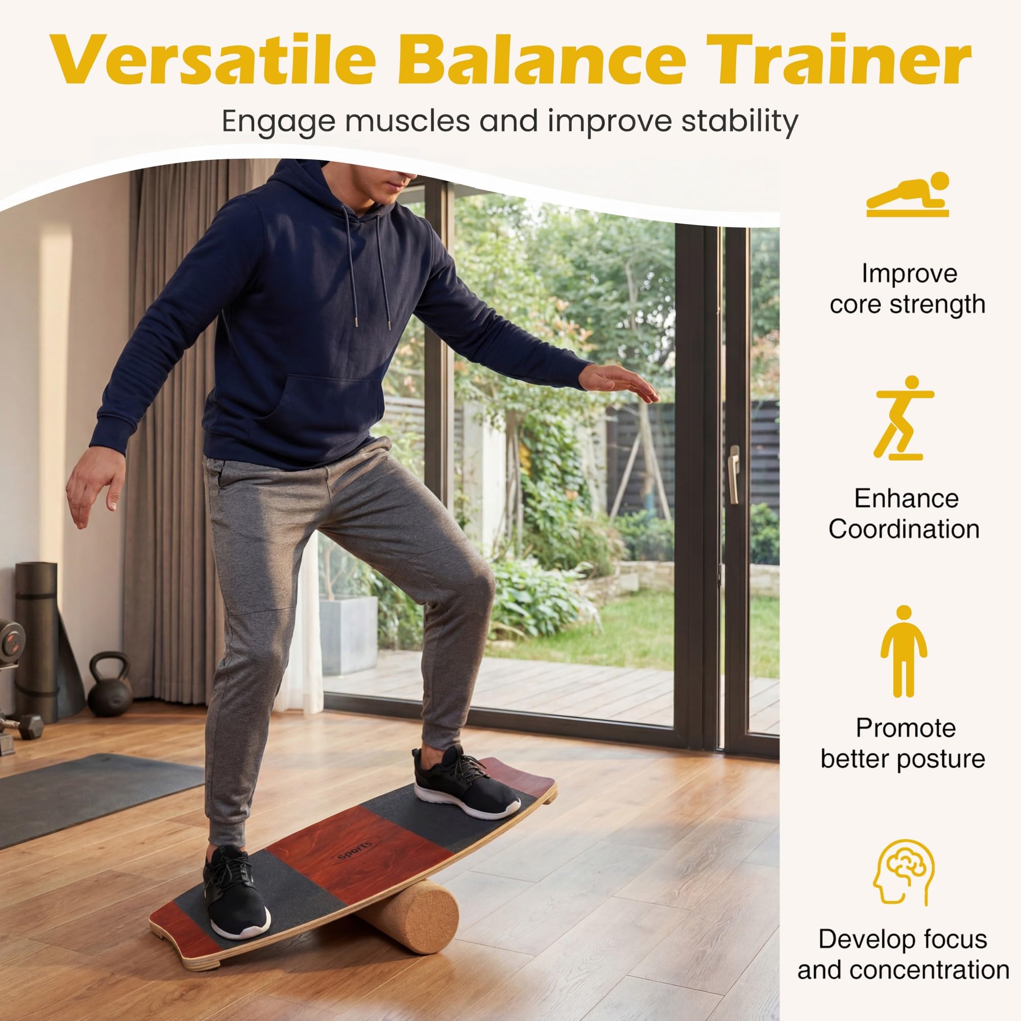 KOMFOTTEU Balance Board, Tavoletta Propriocettiva Antiscivolo con Rullo | Tavola di Equilibrio in Legno con Stopper per Surf, Fitness, Riabilitazione, Bambino e Adulto
