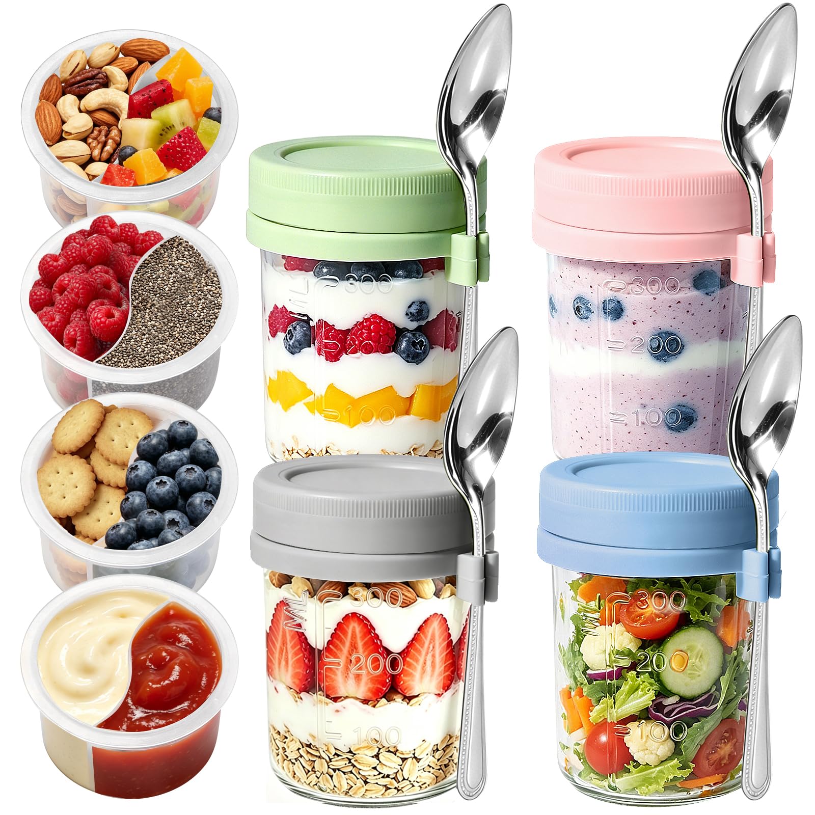 4 Pack Overnight Oats Jar, 500ml Overnight Oats Container Glass Jars with Lids and Spoon Yoghurt Pots with Unique Dry-Wet Separation Cup Breakfast Pots for Yogurt,Cereal,Salad,Fruit,Smoothie,Snacks