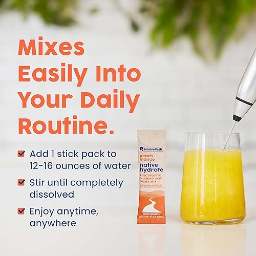 Miniatura 7 de NativePath Native Hydrate - Paquetes de electrolitos en polvo sin azúcar con BCAAs, hidratación de melocotón y mango, apto para dieta keto y paleo,