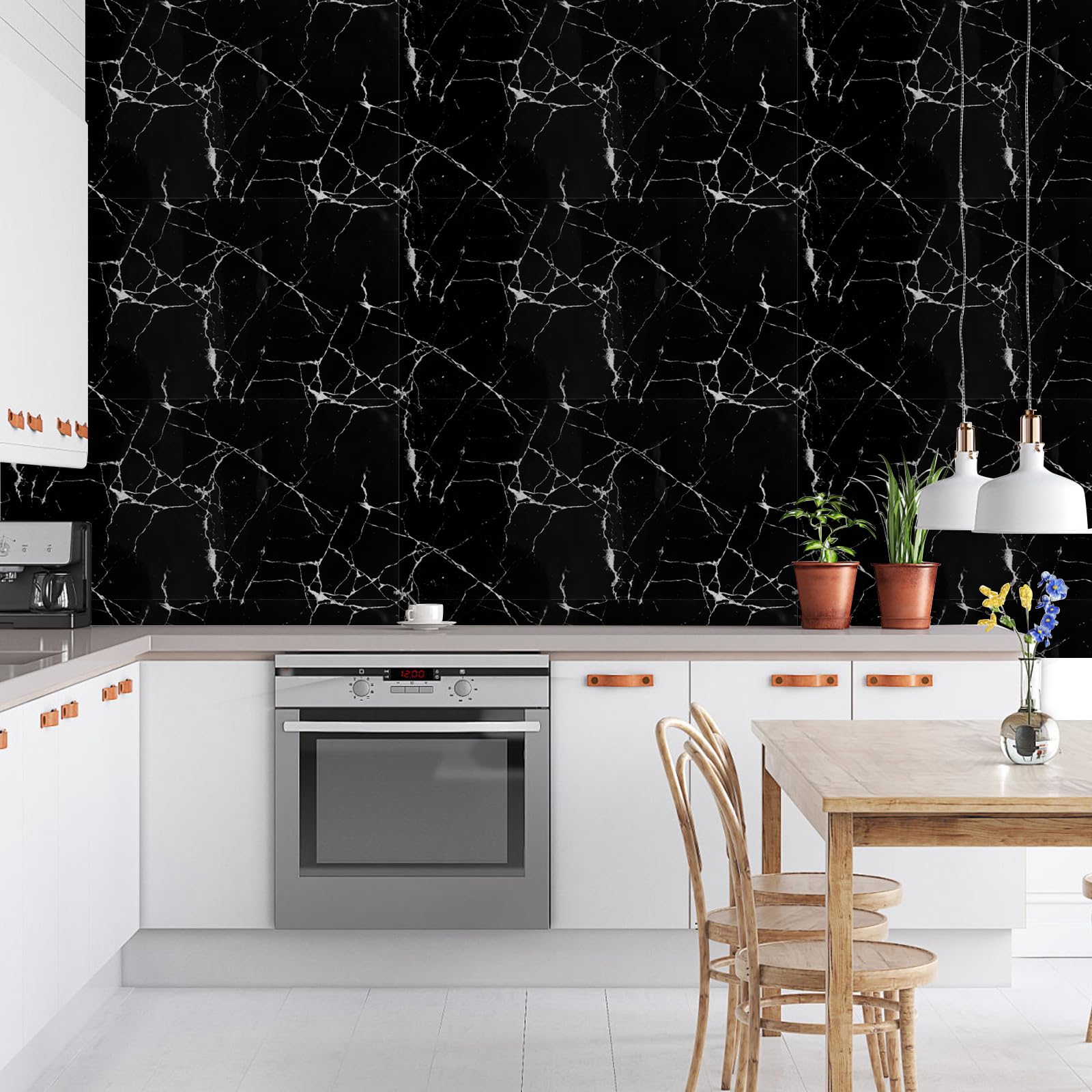 Azulejos de cocina autoadhesivos, 10 unidades, 60 x 30 cm, revestimiento de pared, autoadhesivo, PVC, diseño de mármol negro