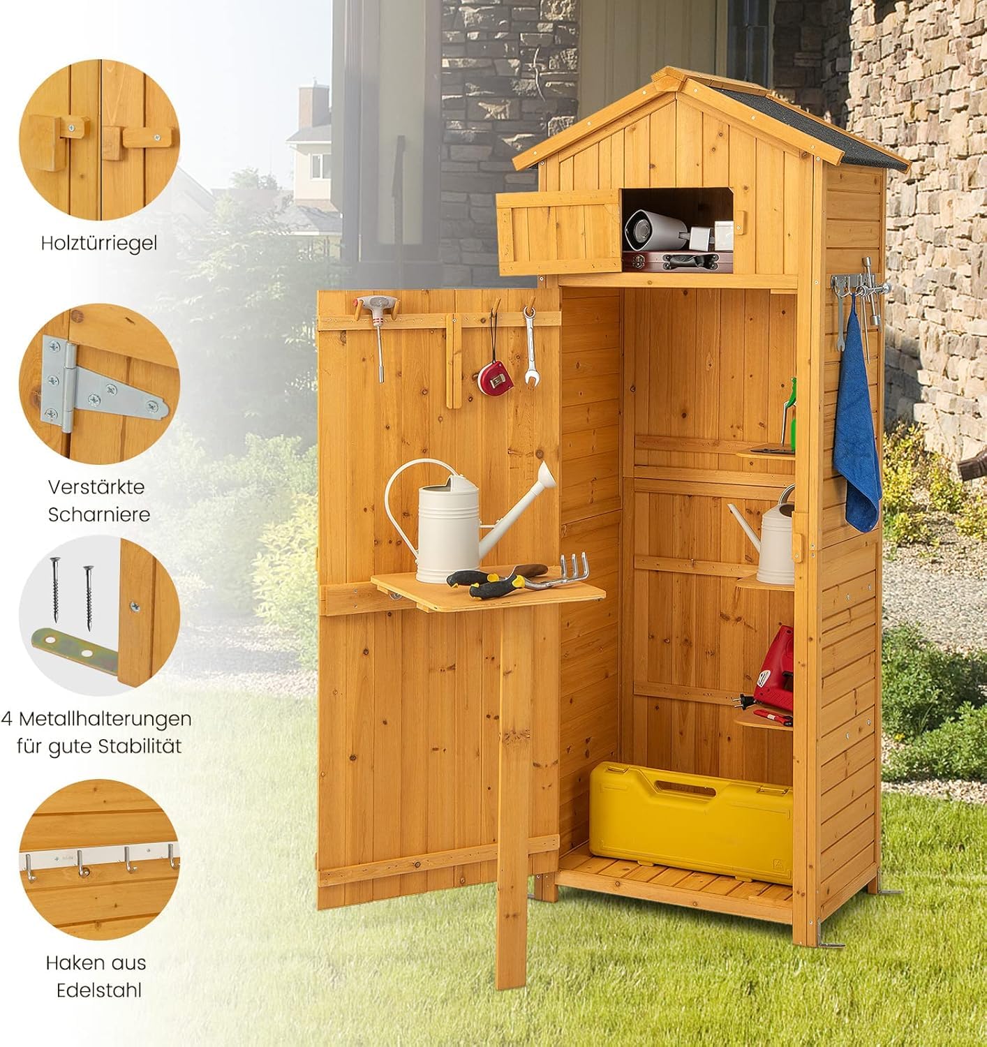 FANTASK Armadio da giardino in legno con tavolo e porta pieghevoli, resistente alle intemperie, capanno degli attrezzi con 8 ganci, capannone in legno con tetto a capanna per attrezzi da giardino