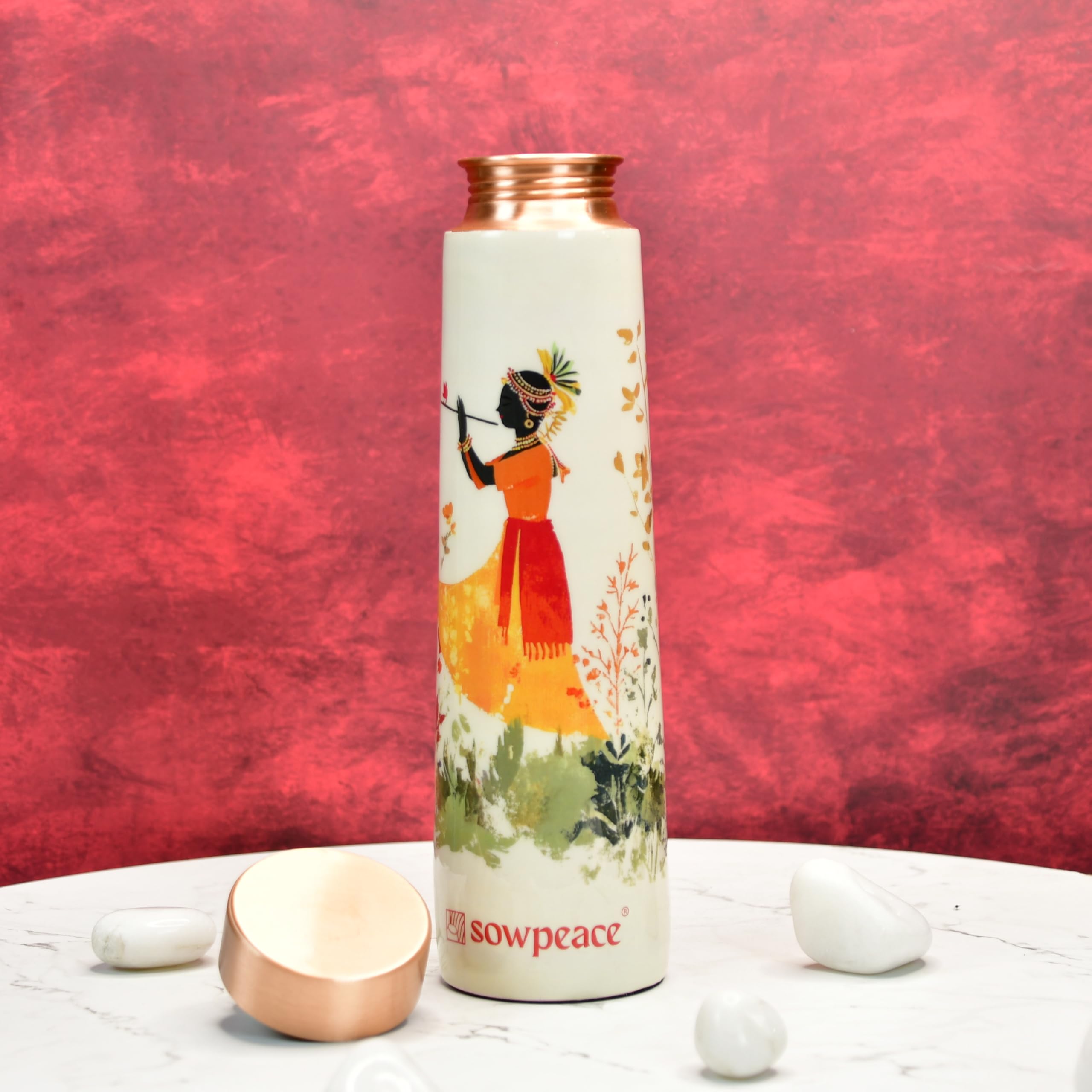 SOWPEACE Divine Harmony Copper Bottle, set of 1 Premium Copper made Bottle drinkware for kitchen and gifting (30 cm,Multi)