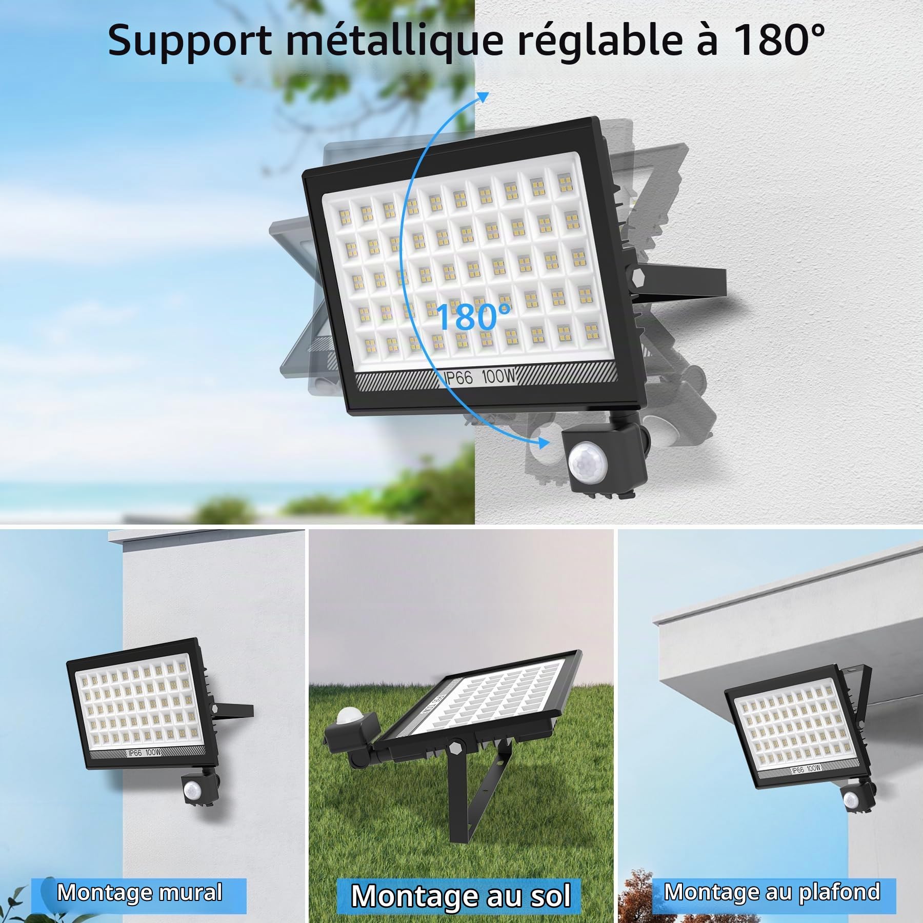 NATPOW 100W Projecteur LED Extérieur Detecteur de Mouvement, 11000LM 6000K 200 Leds Eclairage Exterieur avec Detecteur, IP66 Étanche Spot Led Extérieur pour Jardins, Garage, Arrière-cour, 2 Pièces