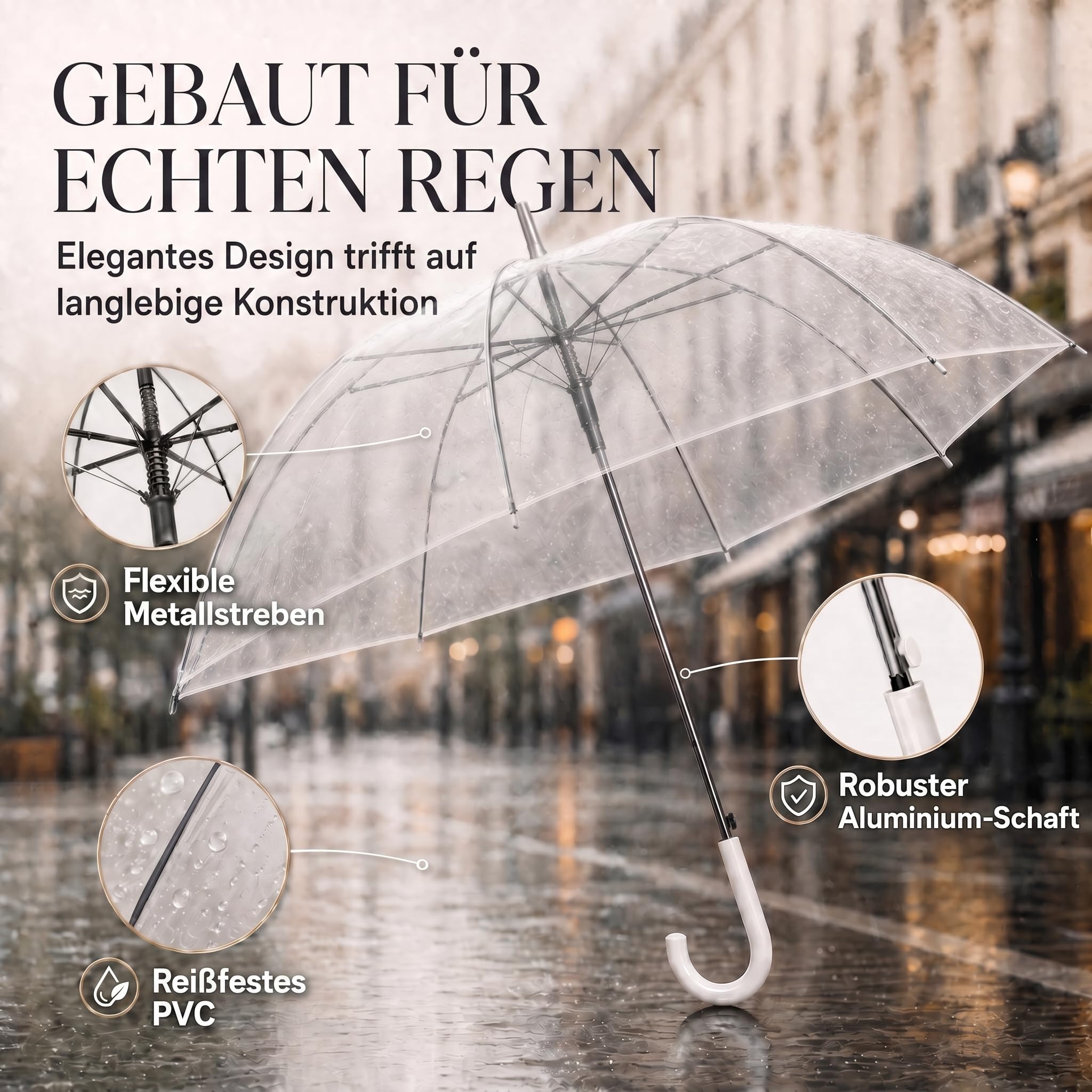 GOODS+GADGETS Durchsichtiger Regenschirm transparent, weißer Stockschirm Ø 100 cm; Eleganter Regenschirm in transparent - Das Fashion-Highlight