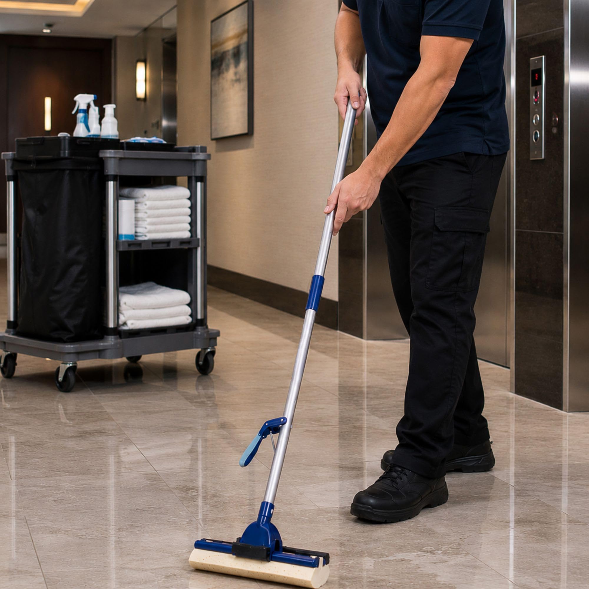 Restaurantware Clean tek - Mopa Profesional autoescurrida, 1 fregona de Esponja Absorbente, Mango de 48 Pulgadas, fijación Segura, Esponja de celulosa Azul, para Limpiar baños, cocinas y más