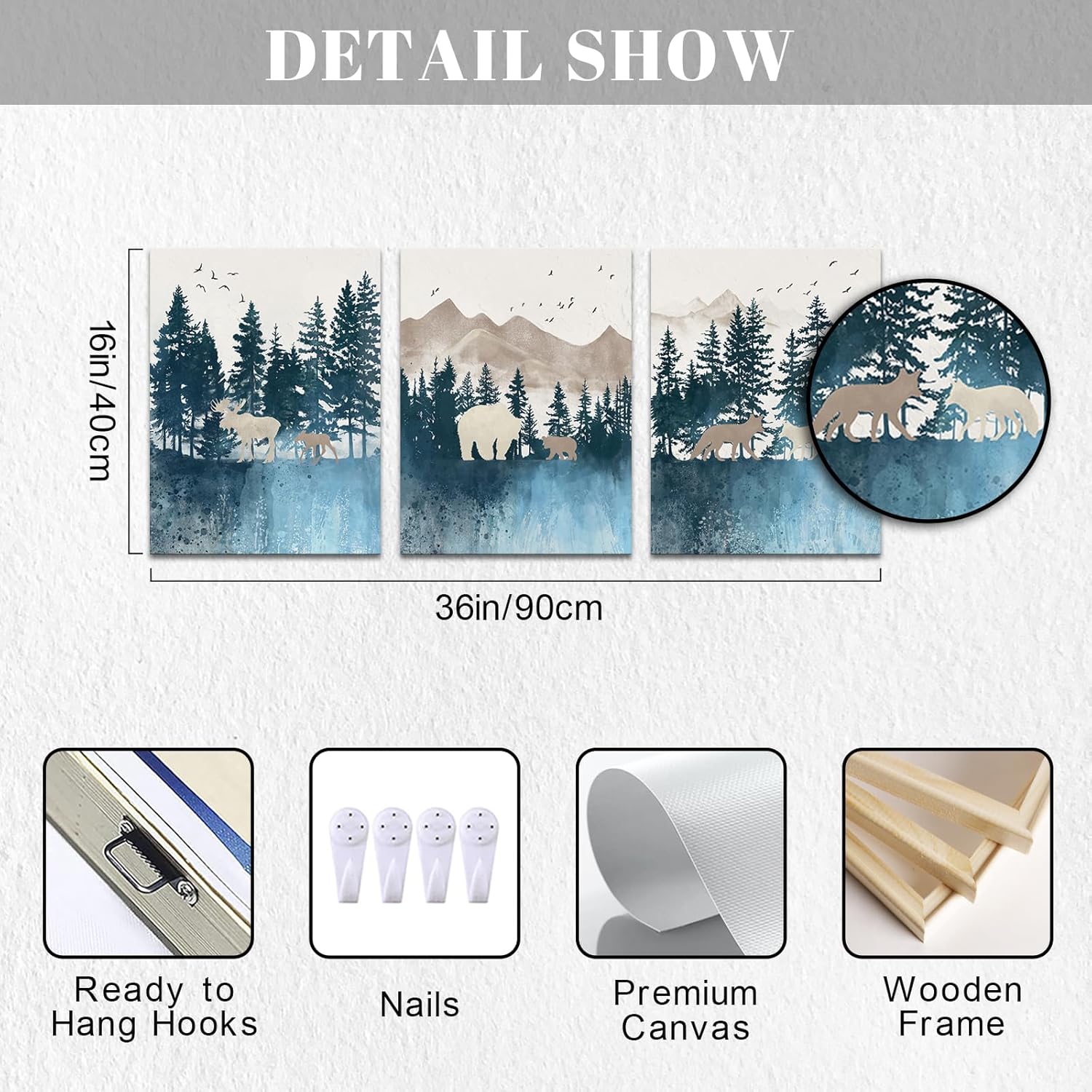 Canvbay 3 Panel Watercolor Mountain Landscape Wall Art Woodland Bear Deer Fox Canvas Prints Wild Animals in Foggy Forest Pictures Painting Nature Adventure Theme Artwork for Nursery 12x16inchx3pcs
