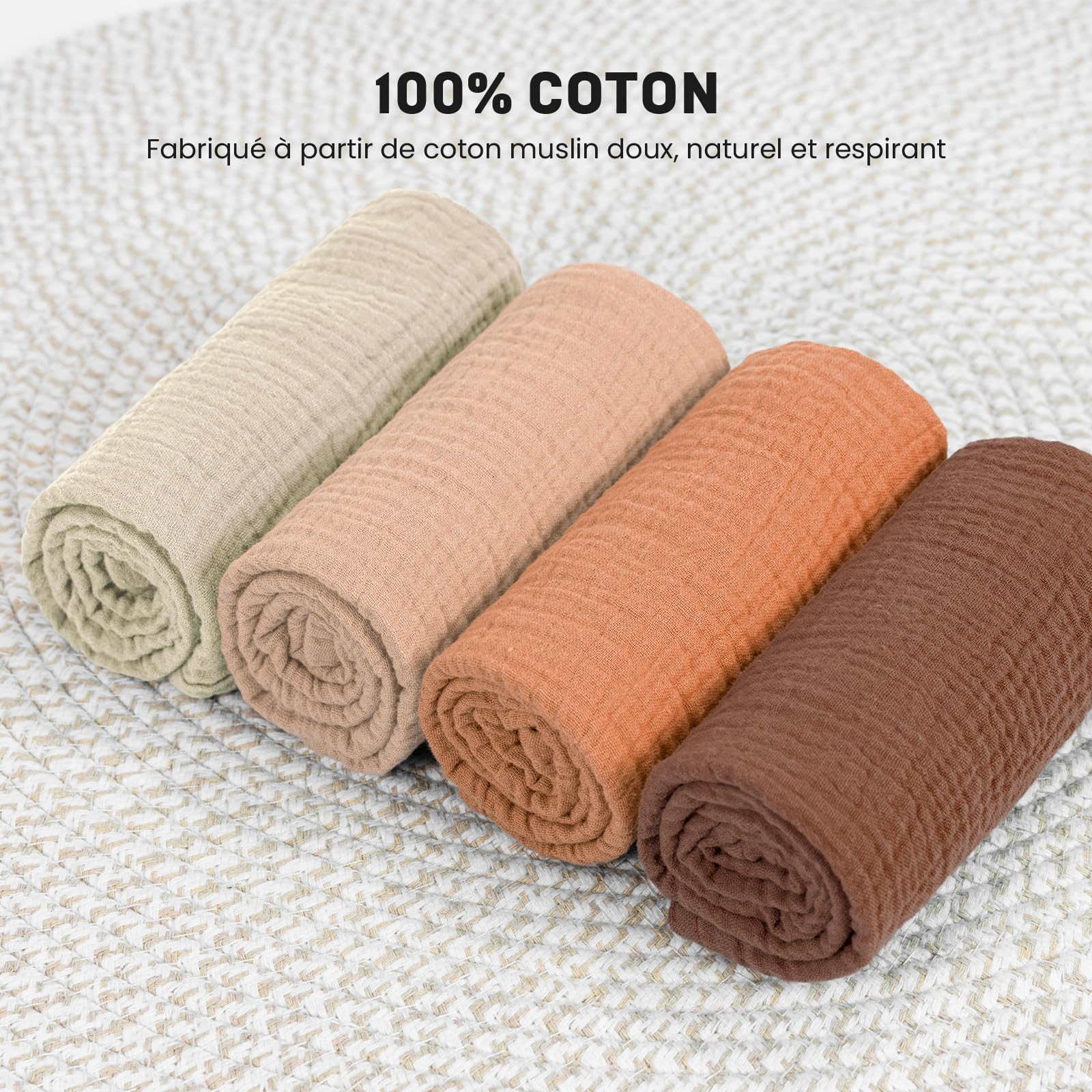 Lange Bebe 60x60cm - Lot de 4 Mousselines de Coton Langes Bébé, Ultra Douces, Absorbantes et Peau Sensible pour Bébé Filles et Garçons, Idéal pour Nettoyage et Protection, Lange Bebe en Gaze de Coton