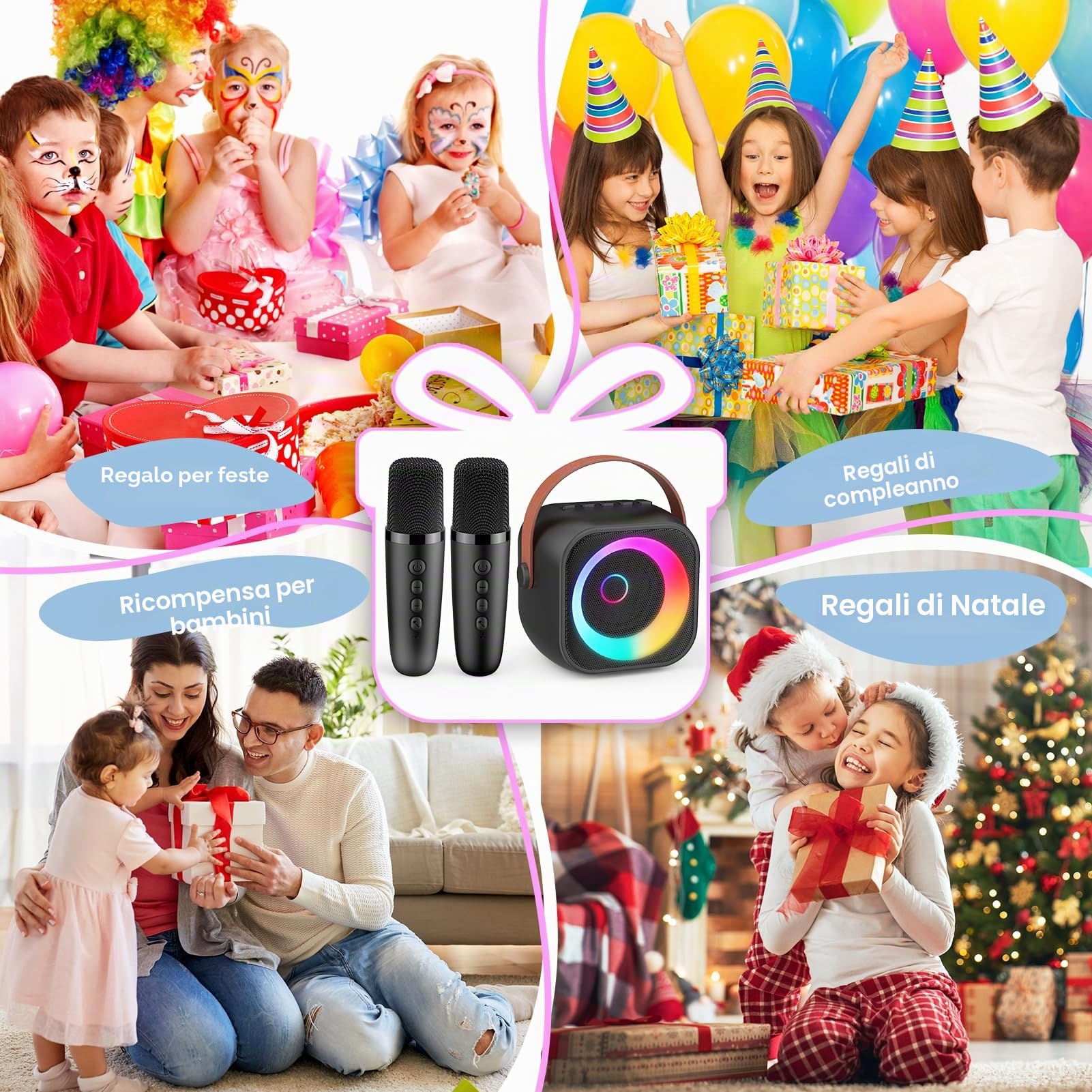 Karaoke per Bambini con 2 Microfoni Wireless & Luci LED - Microfono Bluetooth Effetti Voce 3-12 Anni
